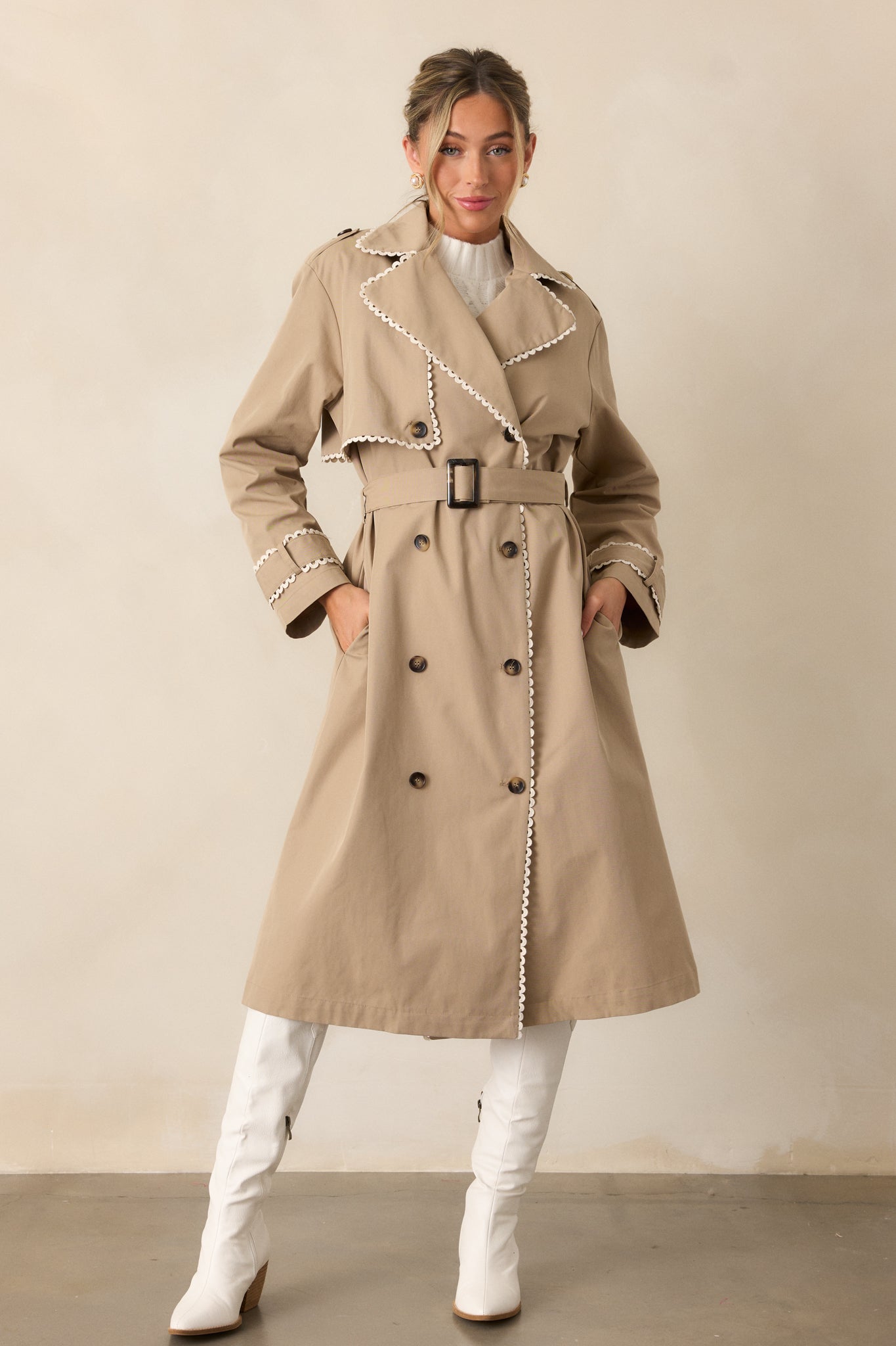 red dress beige coat A delicate line on the red carpet, Step into a world of refined elegance with this striking evening look for the red carpet., Dress: Sculptural evening gown in lemon cream, crafted from dense crepe,
