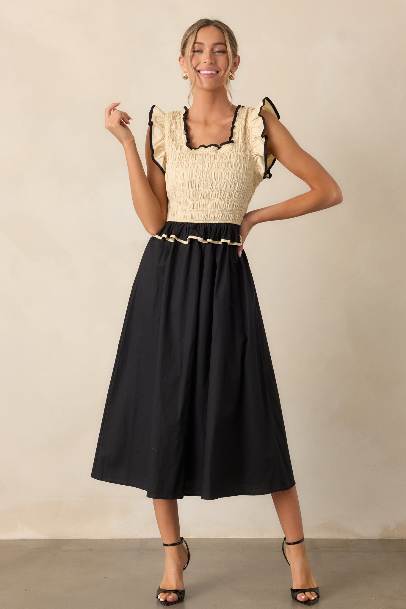 100% Cotton Ivory & Black Smocked Midi Dress - All Dresses | Red Dress 100% Cotton Ivory & Black Smocked Midi Dress - All Dresses | Red Dress