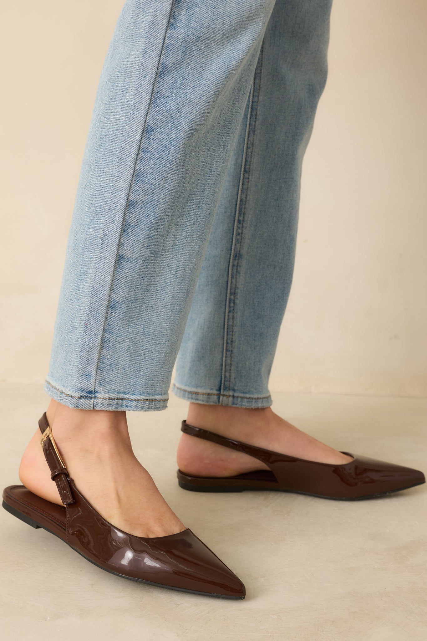 Take Notes Dark Brown Patent Faux Leather Pointed Toe Slingback Flats