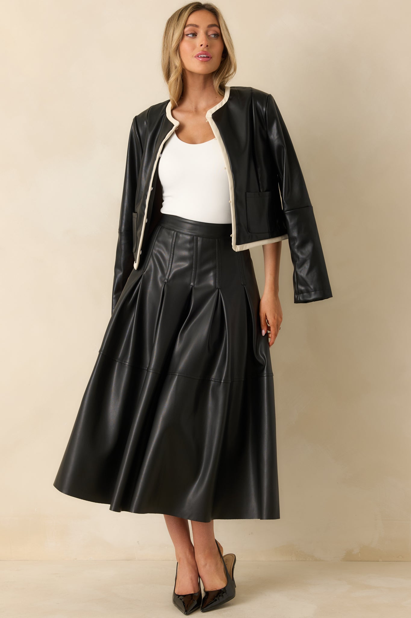 slim fit dress slacks Black Leather Faux Fur Collared Coat – self-portrait-US
