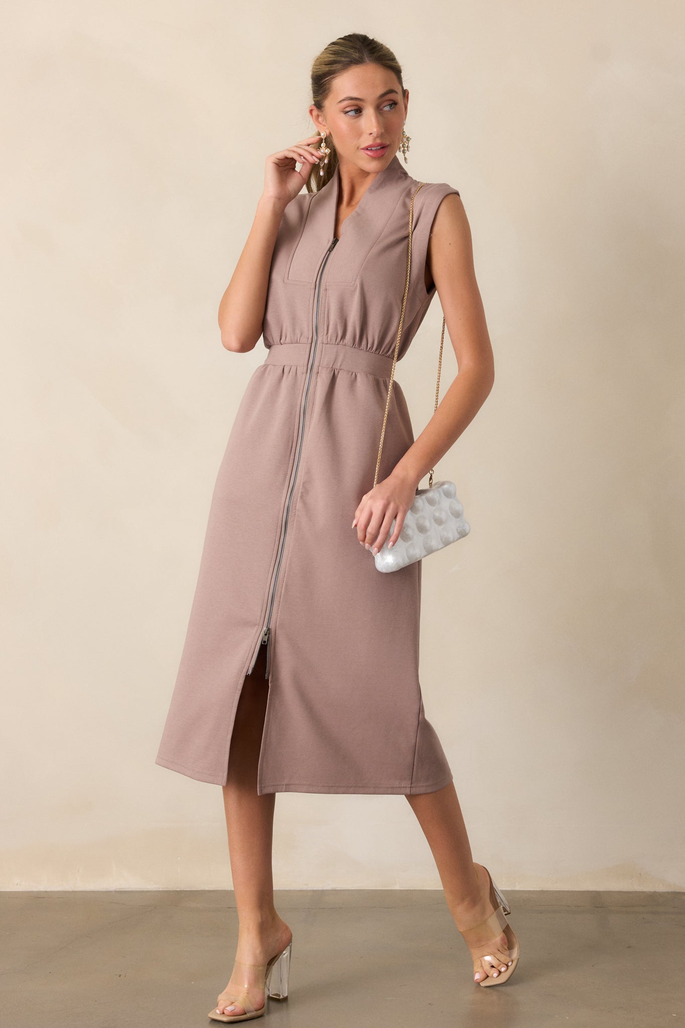 Taupe Sleeveless Zip Up Midi Dress - All Dresses | Red Dress Taupe Sleeveless Zip Up Midi Dress - All Dresses | Red Dress