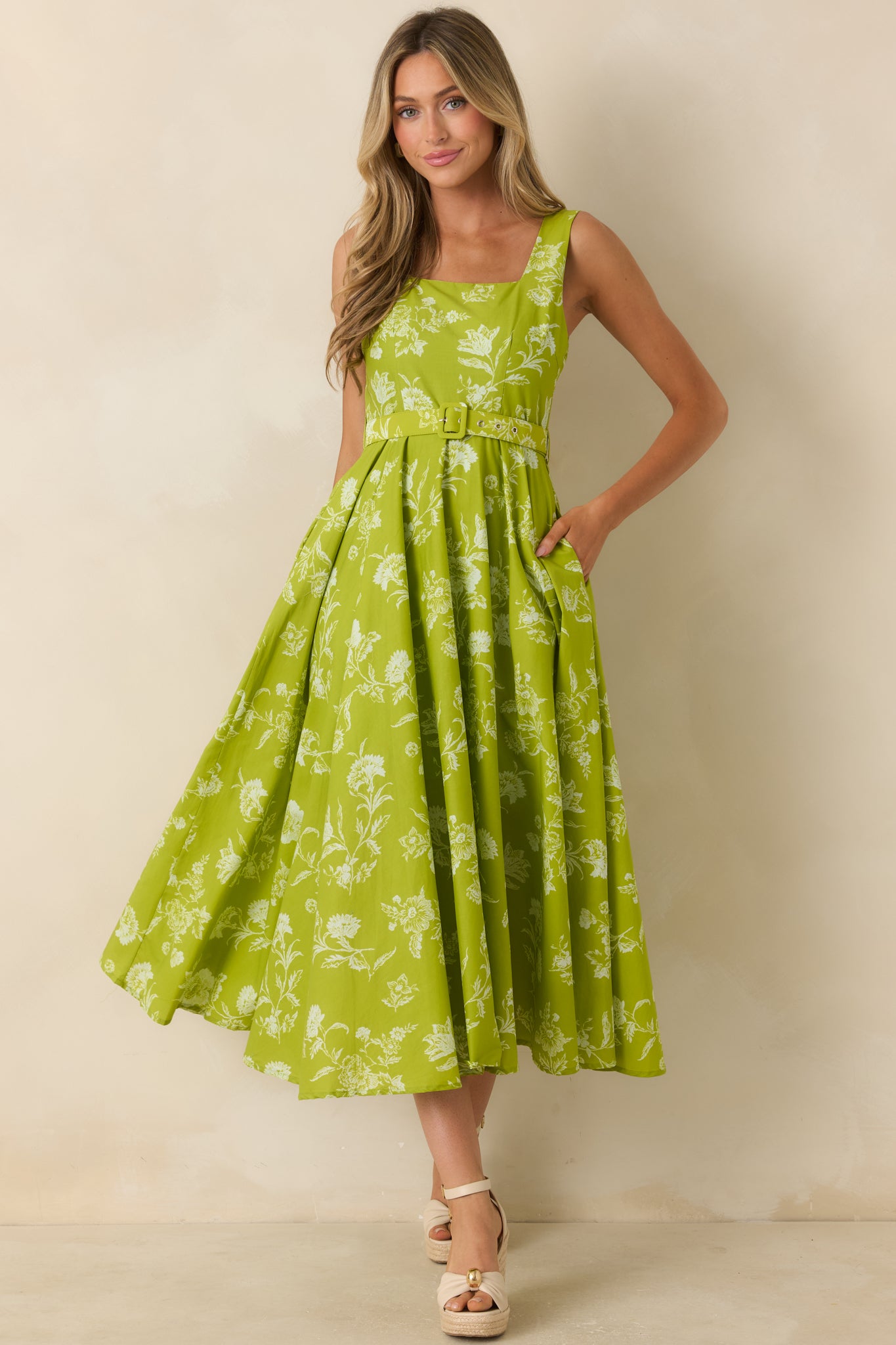 Chartreuse print midi dress showcasing a square neckline, gathered skirt, and classic cotton construction for a timeless look.