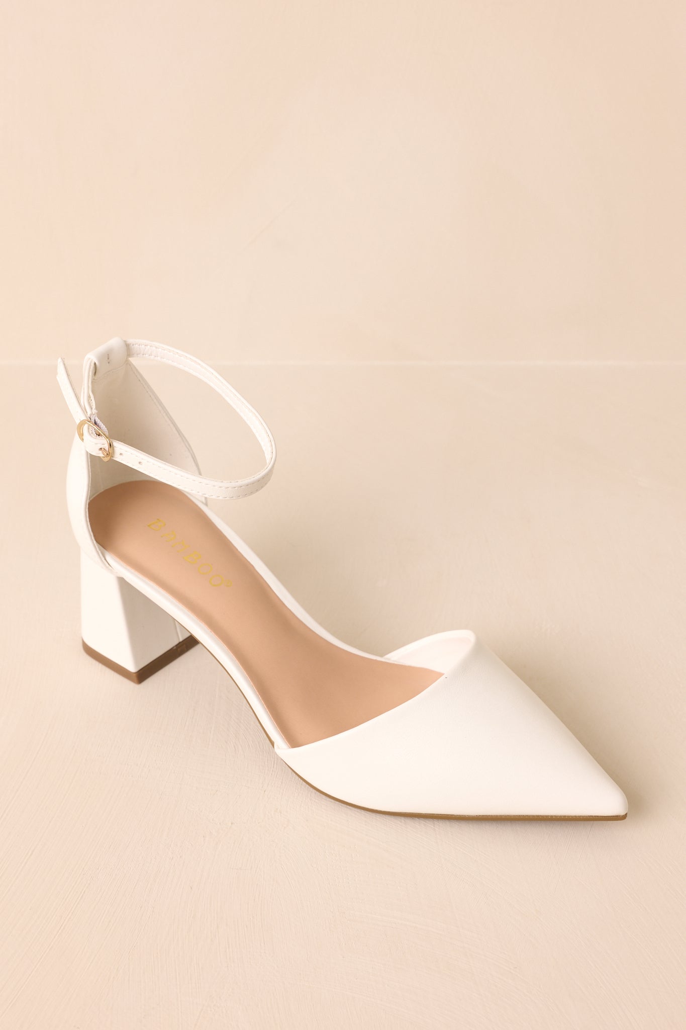 The Perfect Occasion White Pointed Toe Ankle Strap Block Heels