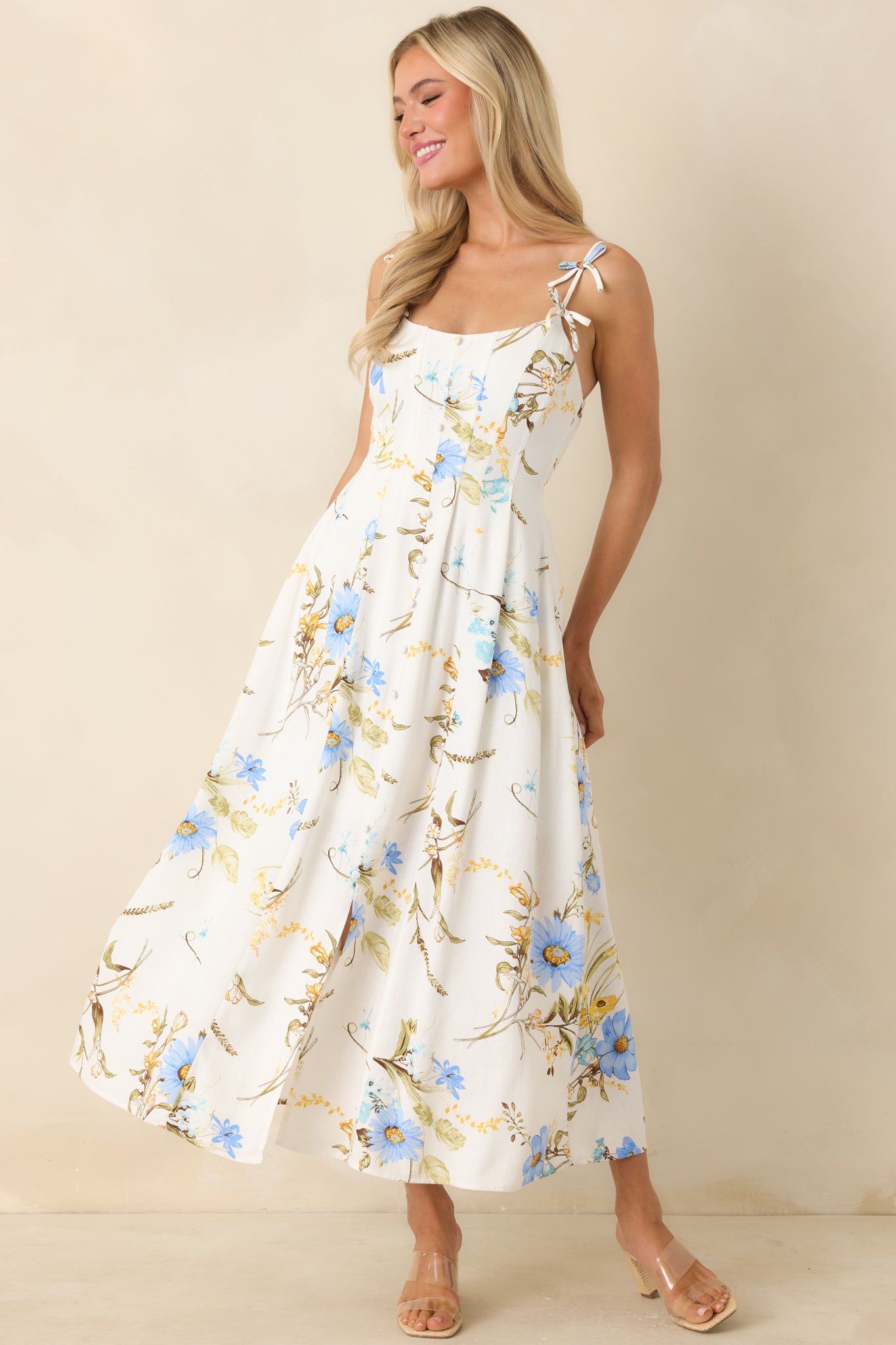 Women's A Dash of Sunshine White Multi Floral Print Bow Accent Strap Midi Dress | Size: L | Red Dress Women's A Dash of Sunshine White Multi Floral Print Bow Accent Strap Midi Dress | Size: L | Red Dress
