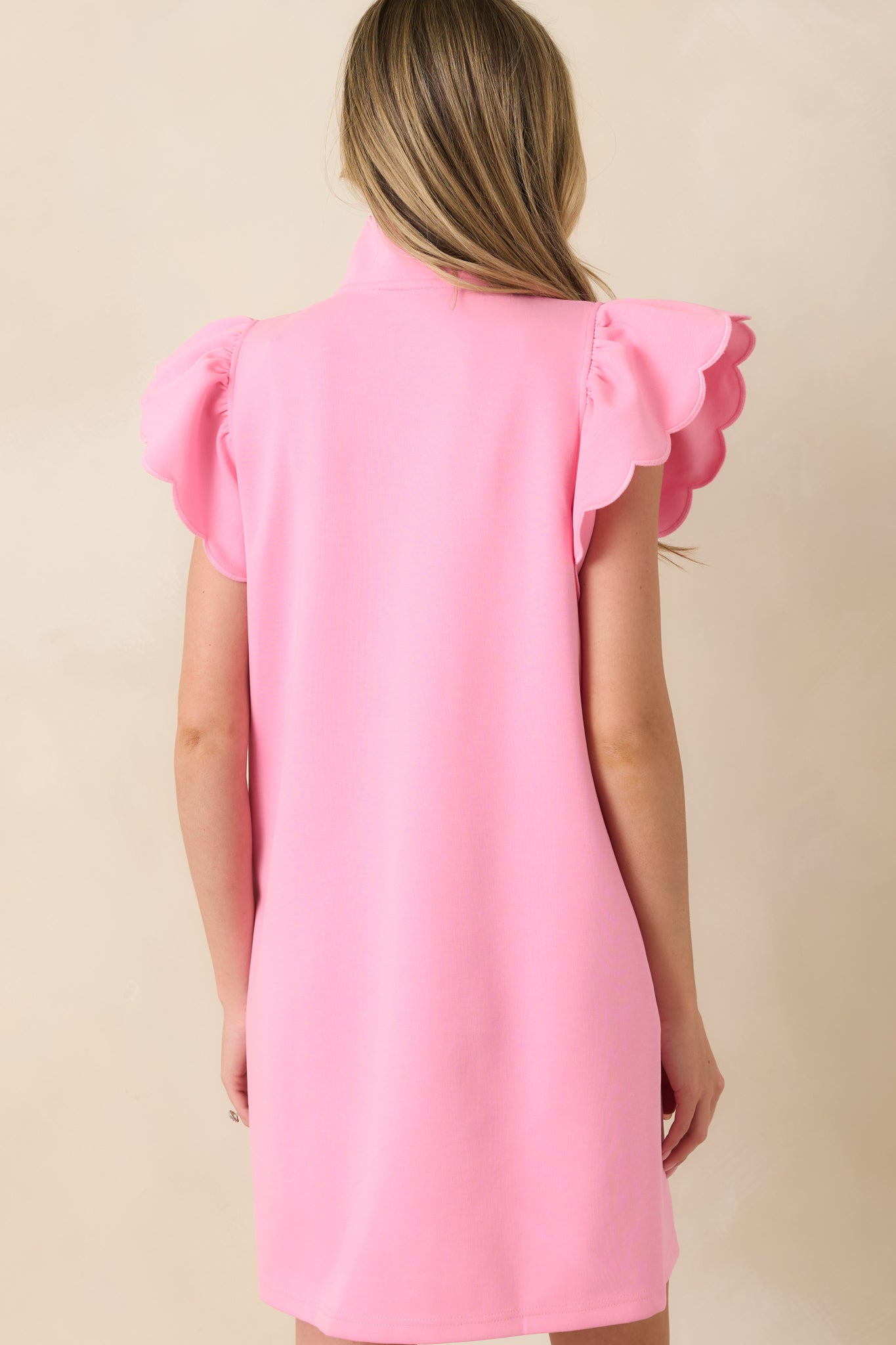 Rear view of pink mini dress featuring relaxed shift silhouette and clean back finish.