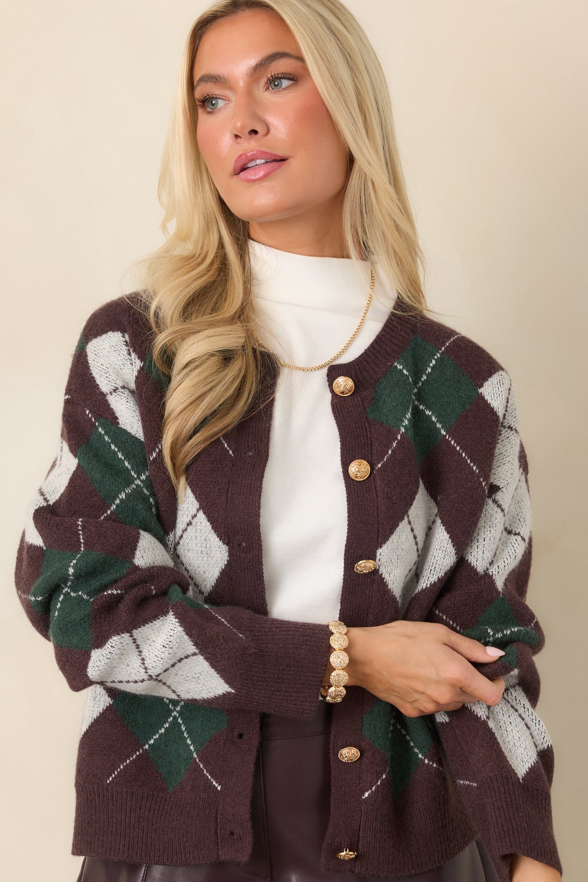 The Winning Combination Brown & Green Knit Argyle Cardigan