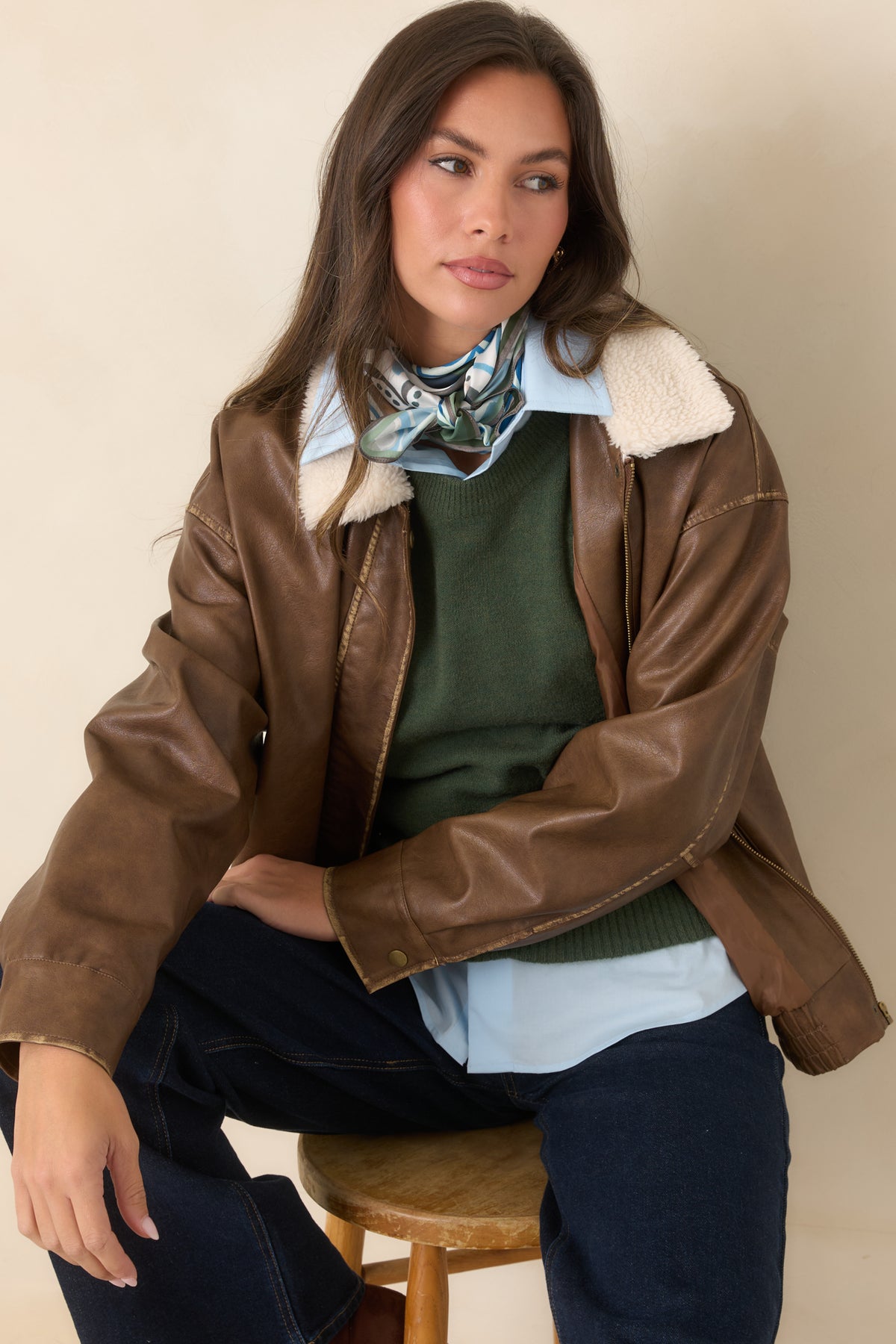 Fly Right Cognac Brown Faux Leather Bomber Jacket
