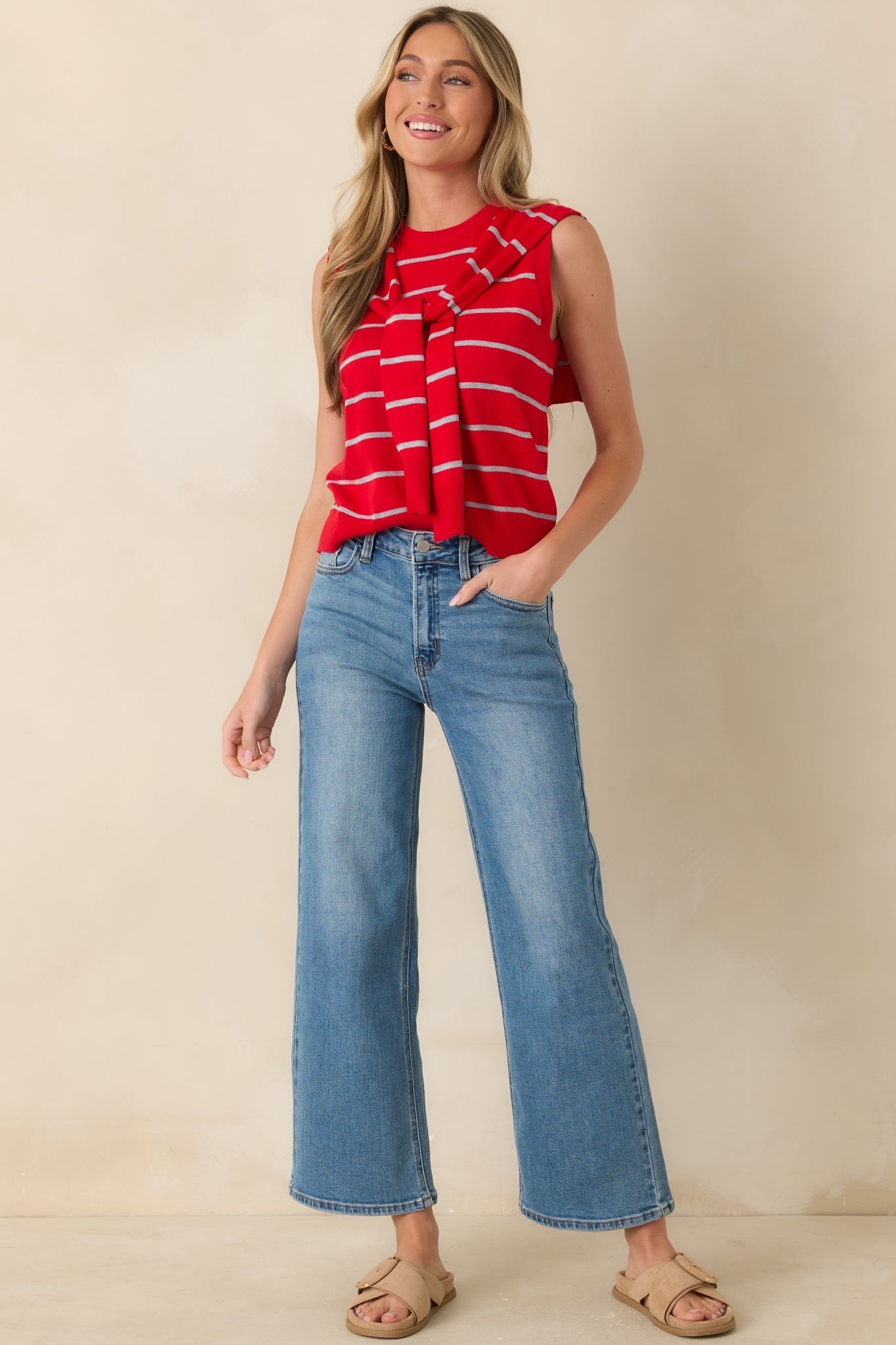 Women's The Hamptons Called Red Stripe Layered Sweater Tank Shirt | Size: S