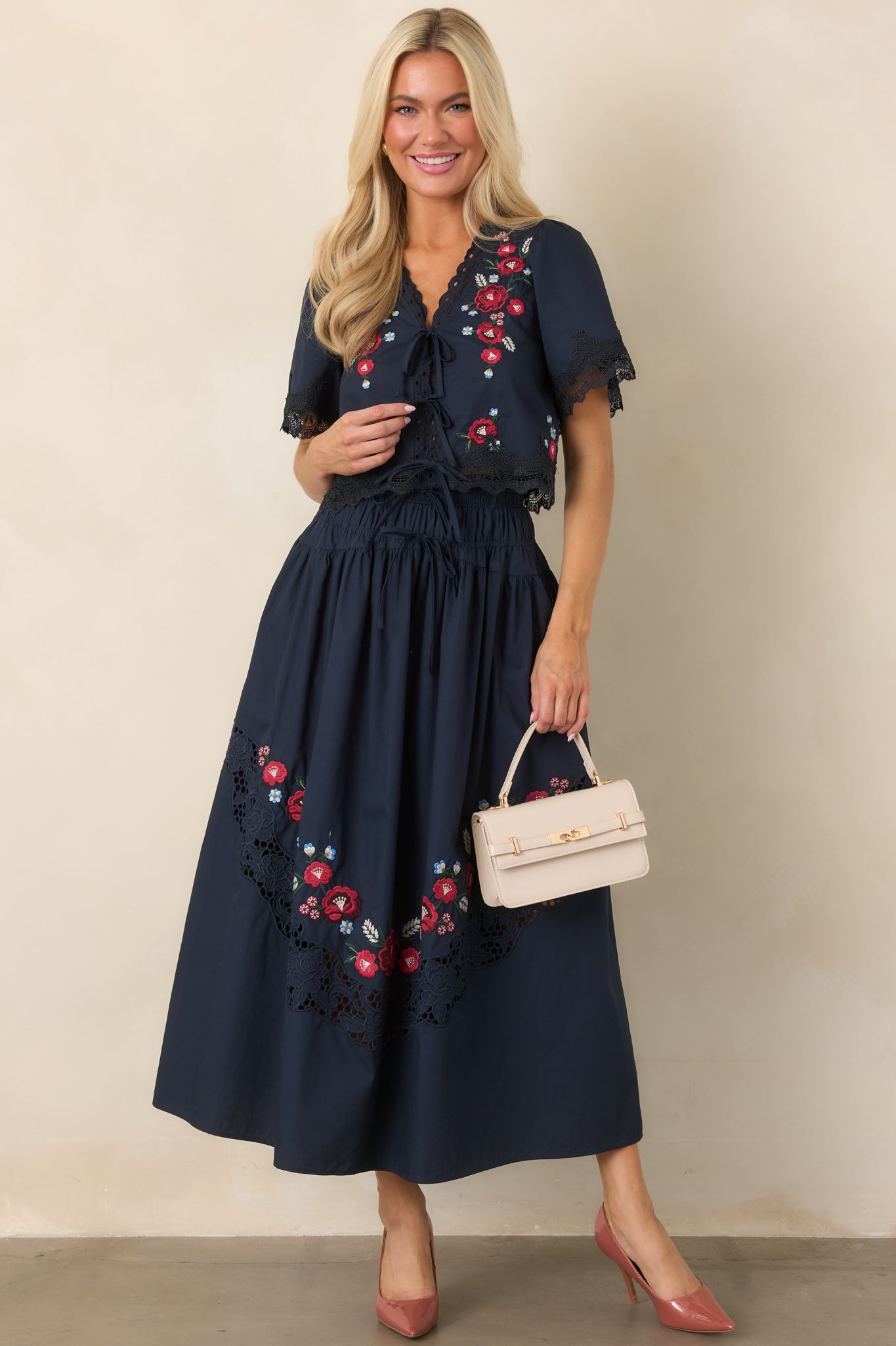 So Much to Love Navy Floral Embroidered Cotton Tie Front Top