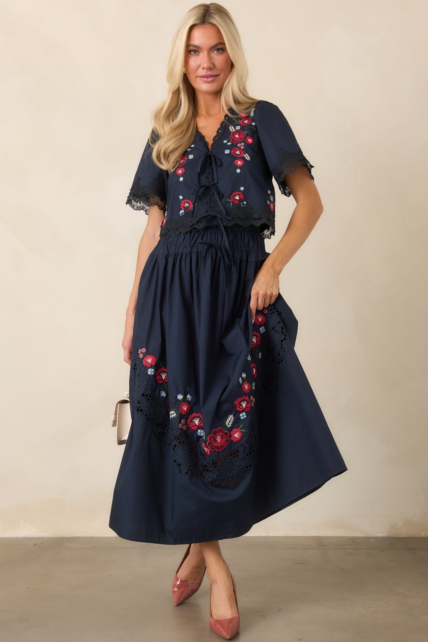 So Much to Love Navy Floral Embroidered Cotton Midi Skirt