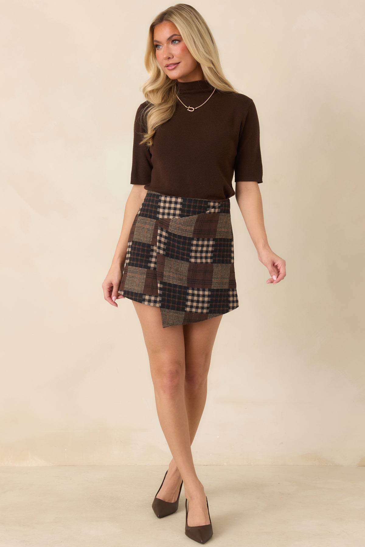 Putting It Together Brown Multi Patchwork Plaid Mini Skirt