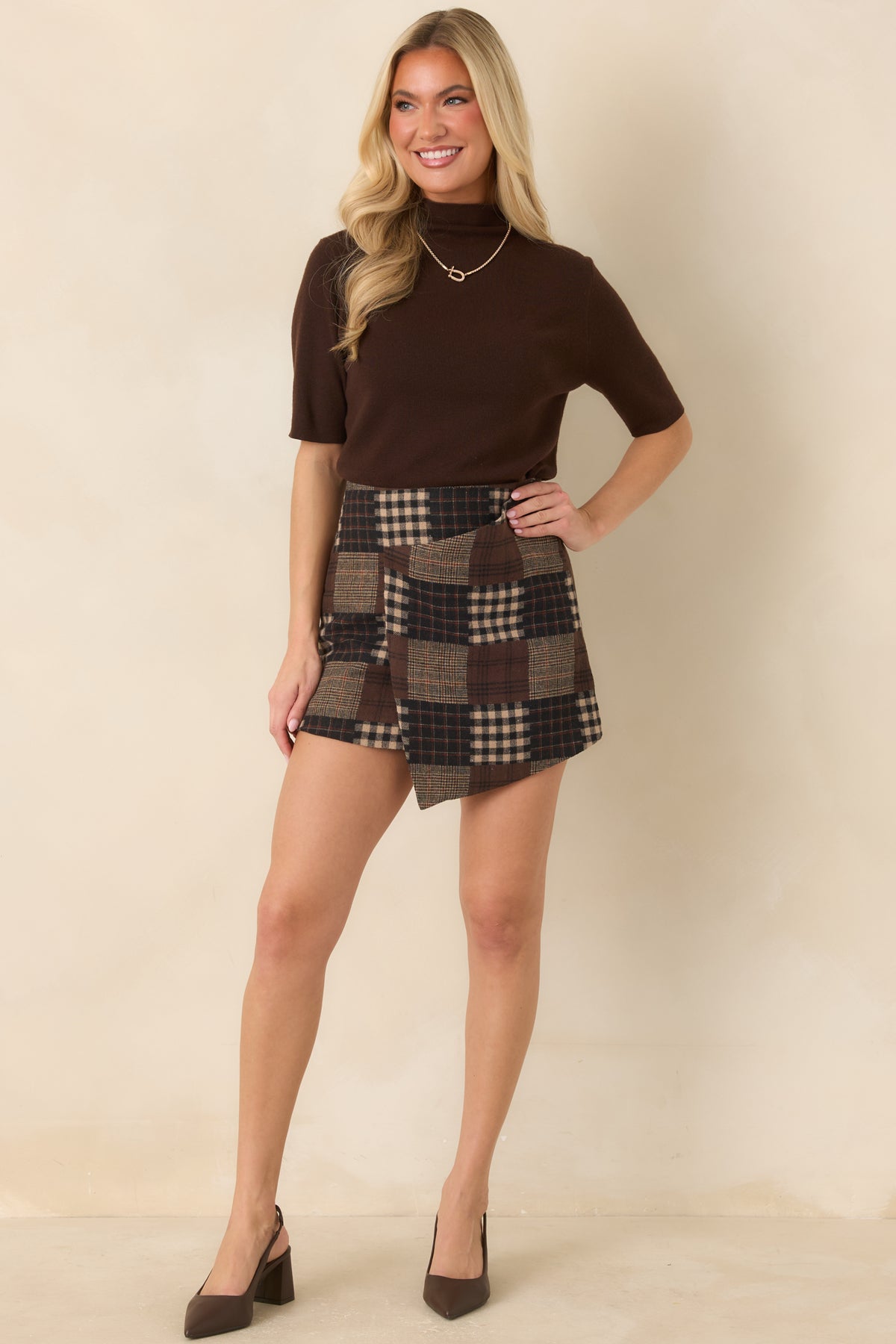 Putting It Together Brown Multi Patchwork Plaid Mini Skirt