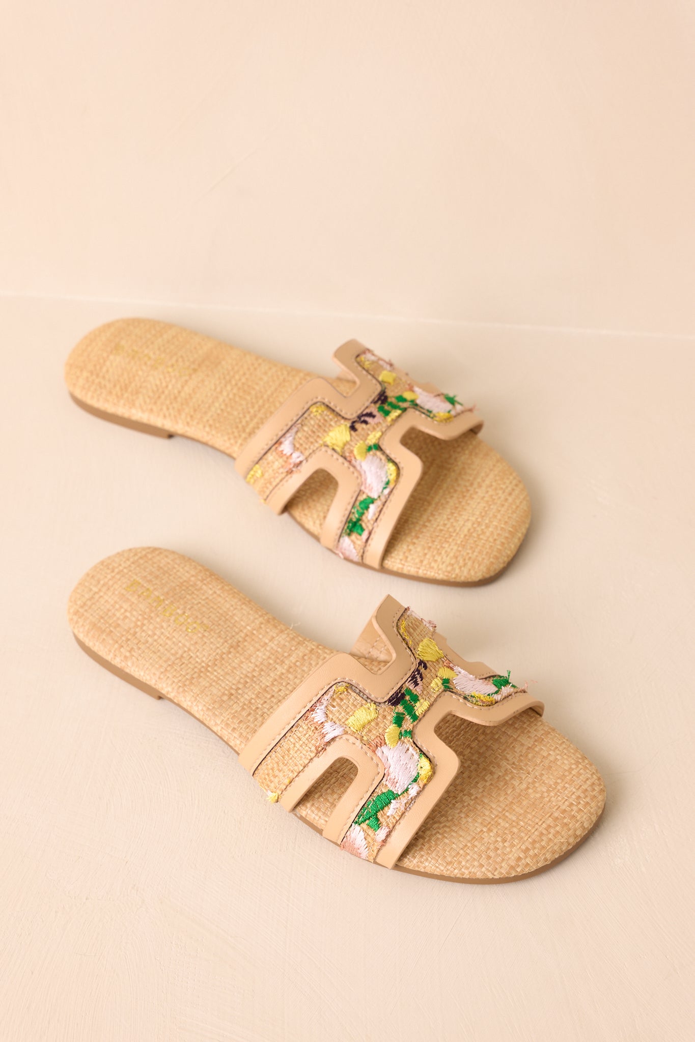 Let's Get Lost Natural Raffia Floral Embroidered Flat Sandals