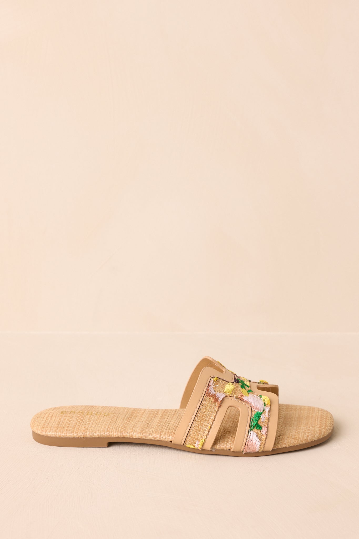 Let's Get Lost Natural Raffia Floral Embroidered Flat Sandals