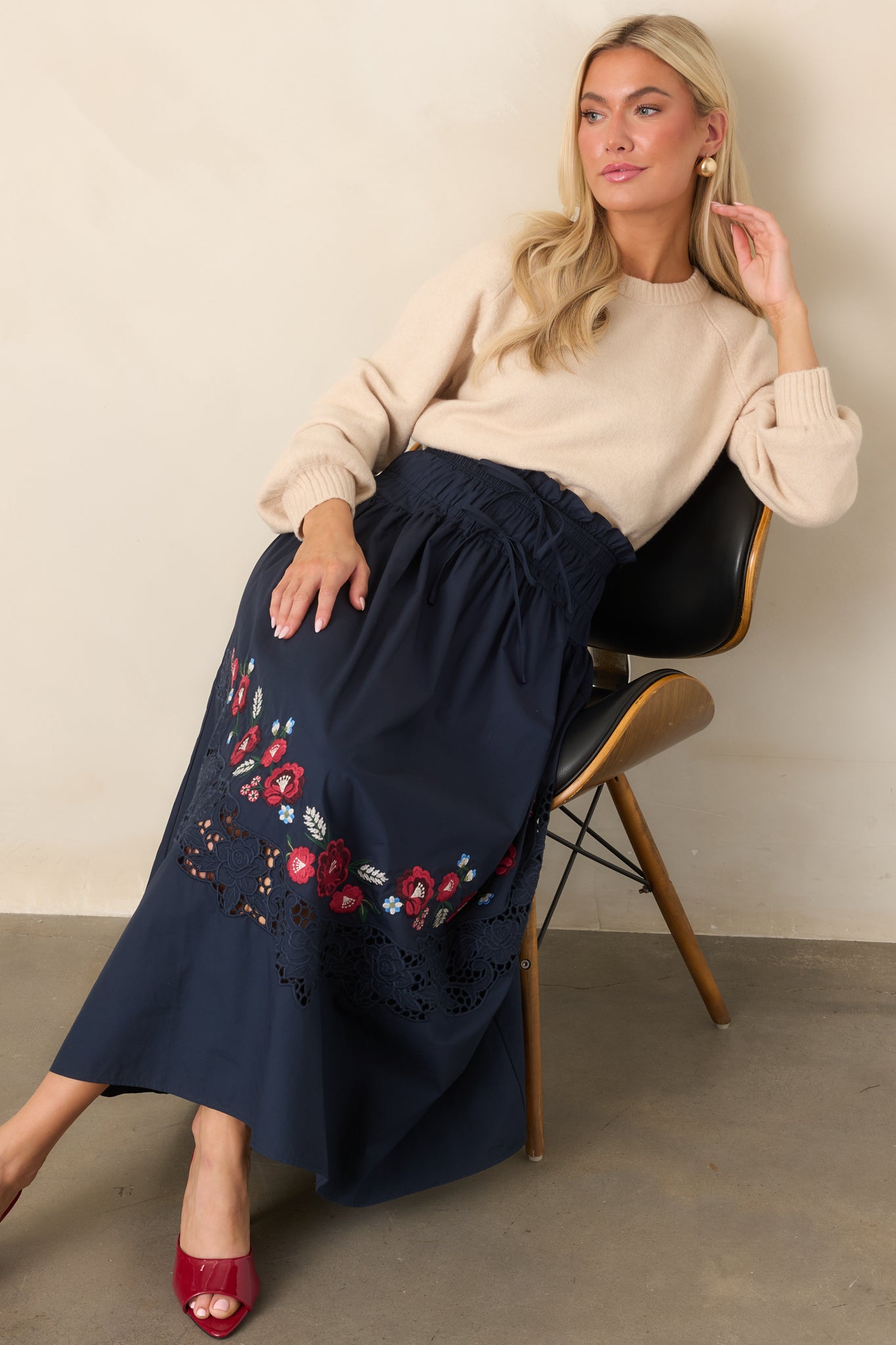 So Much to Love Navy Floral Embroidered Cotton Midi Skirt