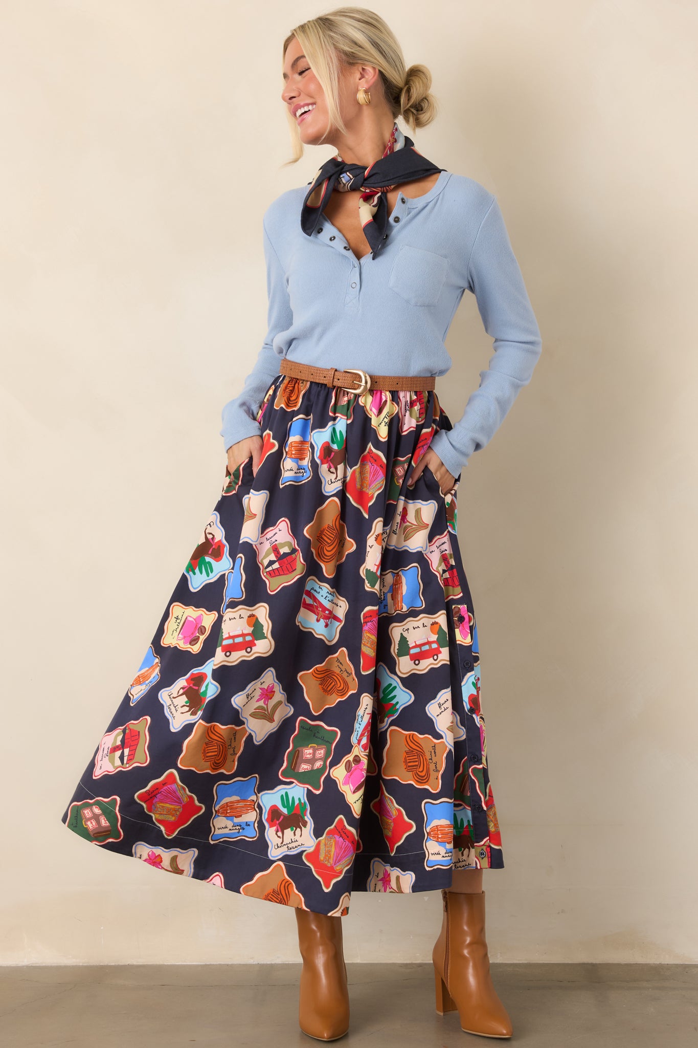 FRNCH Borth Midnight Blue Multi Stamp Maxi Skirt
