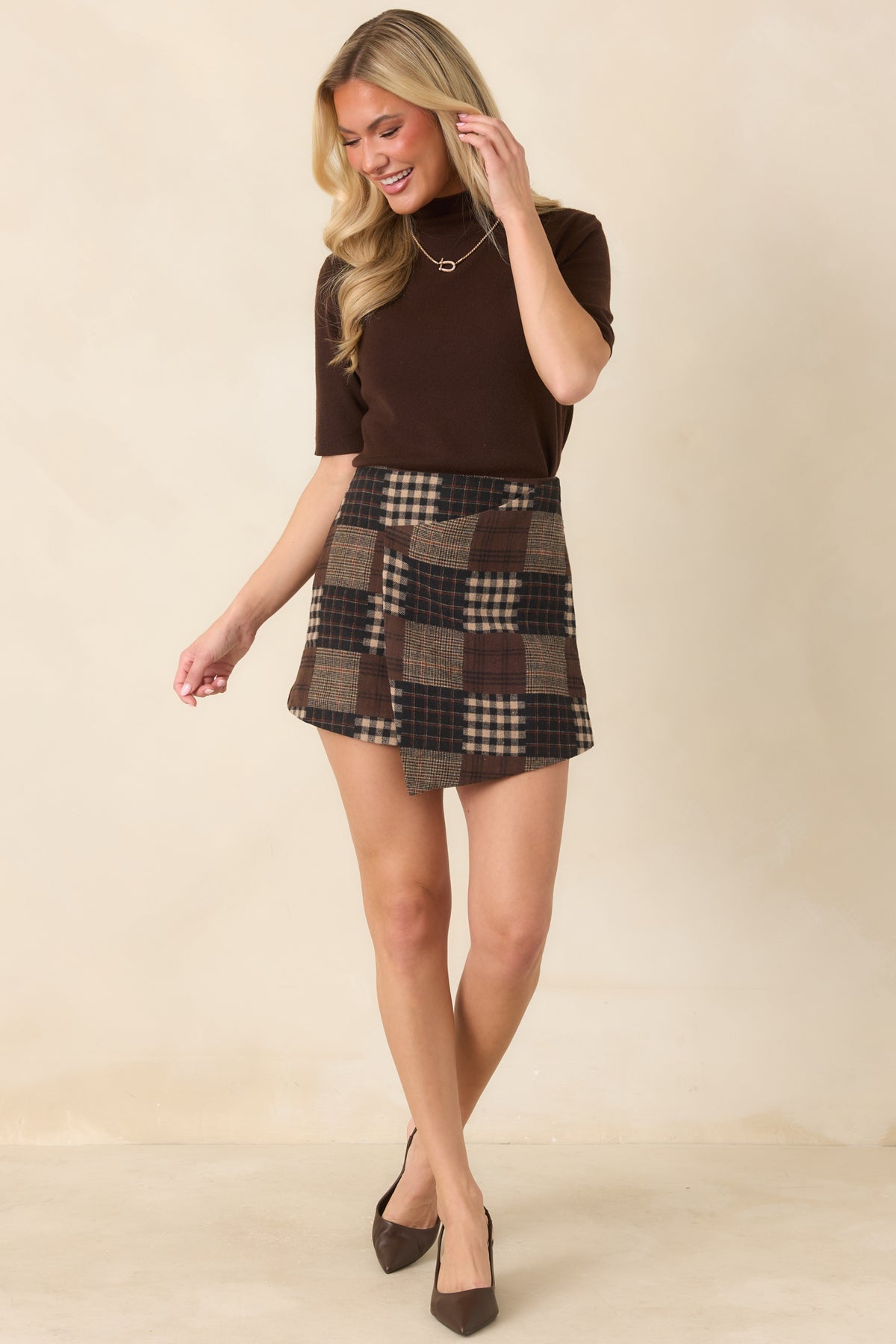 Putting It Together Brown Multi Patchwork Plaid Mini Skirt