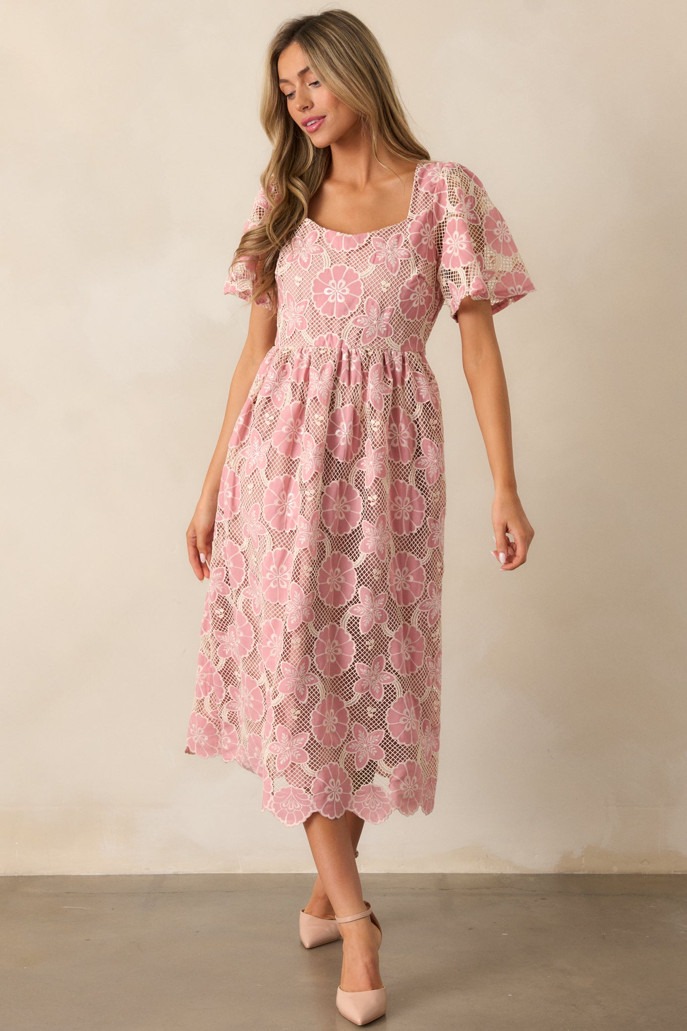 Pink Embroidered Floral Midi Dress - All Dresses | Red Dress Pink Embroidered Floral Midi Dress - All Dresses | Red Dress