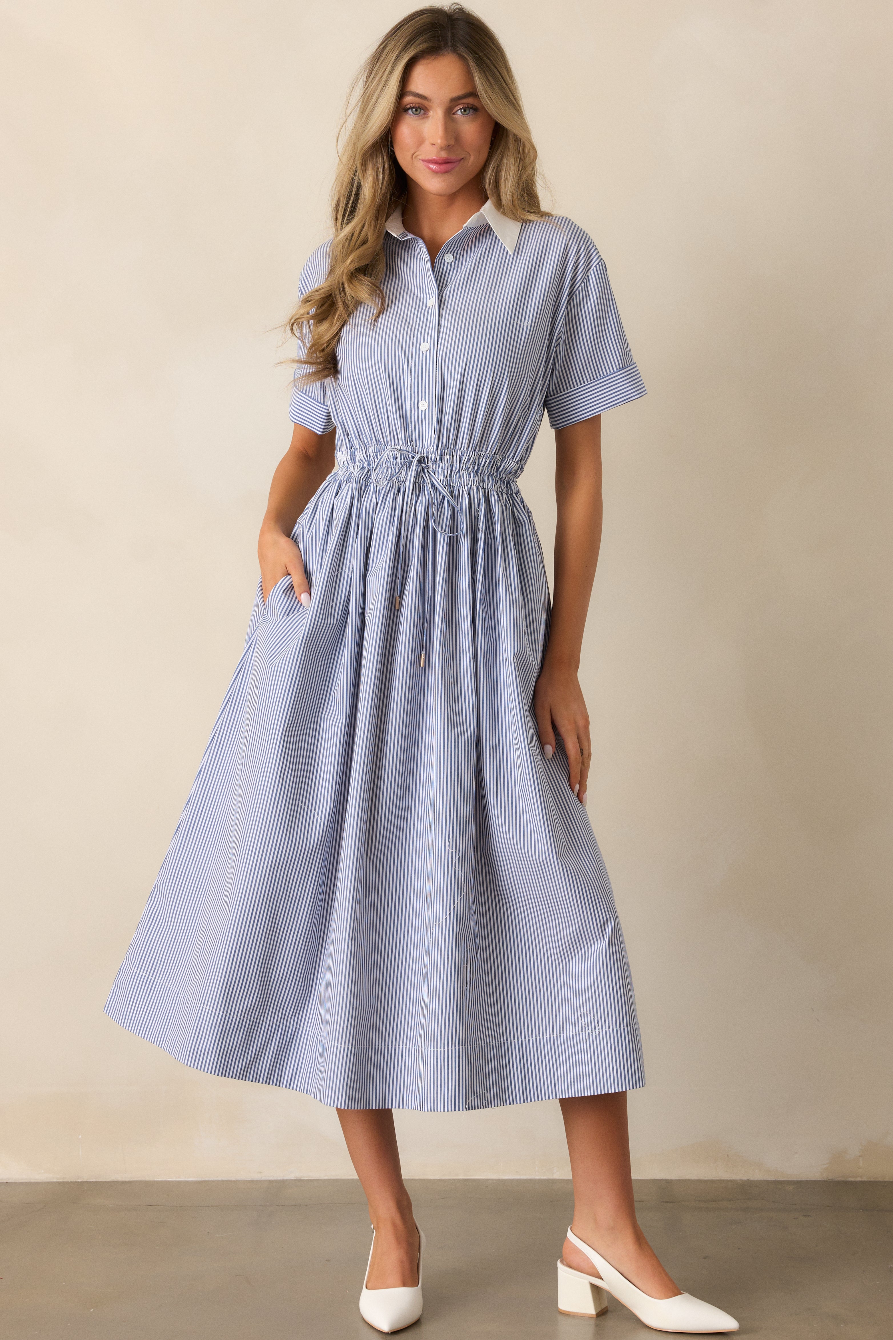 Making My Way Home Cotton Blue Stripe Short Sleeve Maxi Dress
