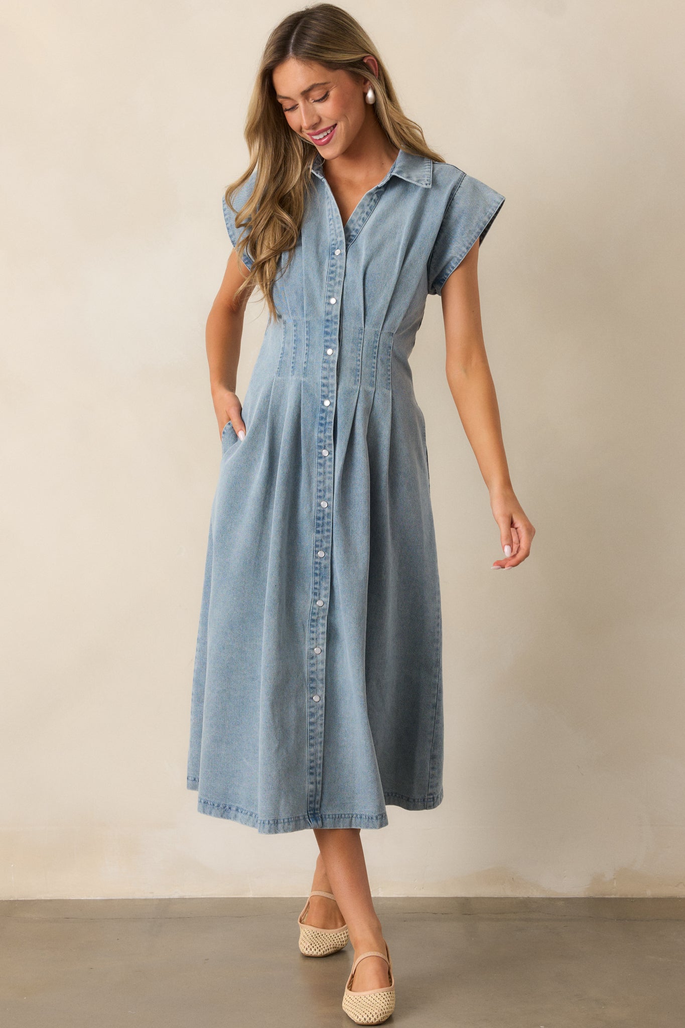 Classic Tea Party Light Wash Denim Button Front Pleated Midi Dress Classic Tea Party Light Wash Denim Button Front Pleated Midi Dress