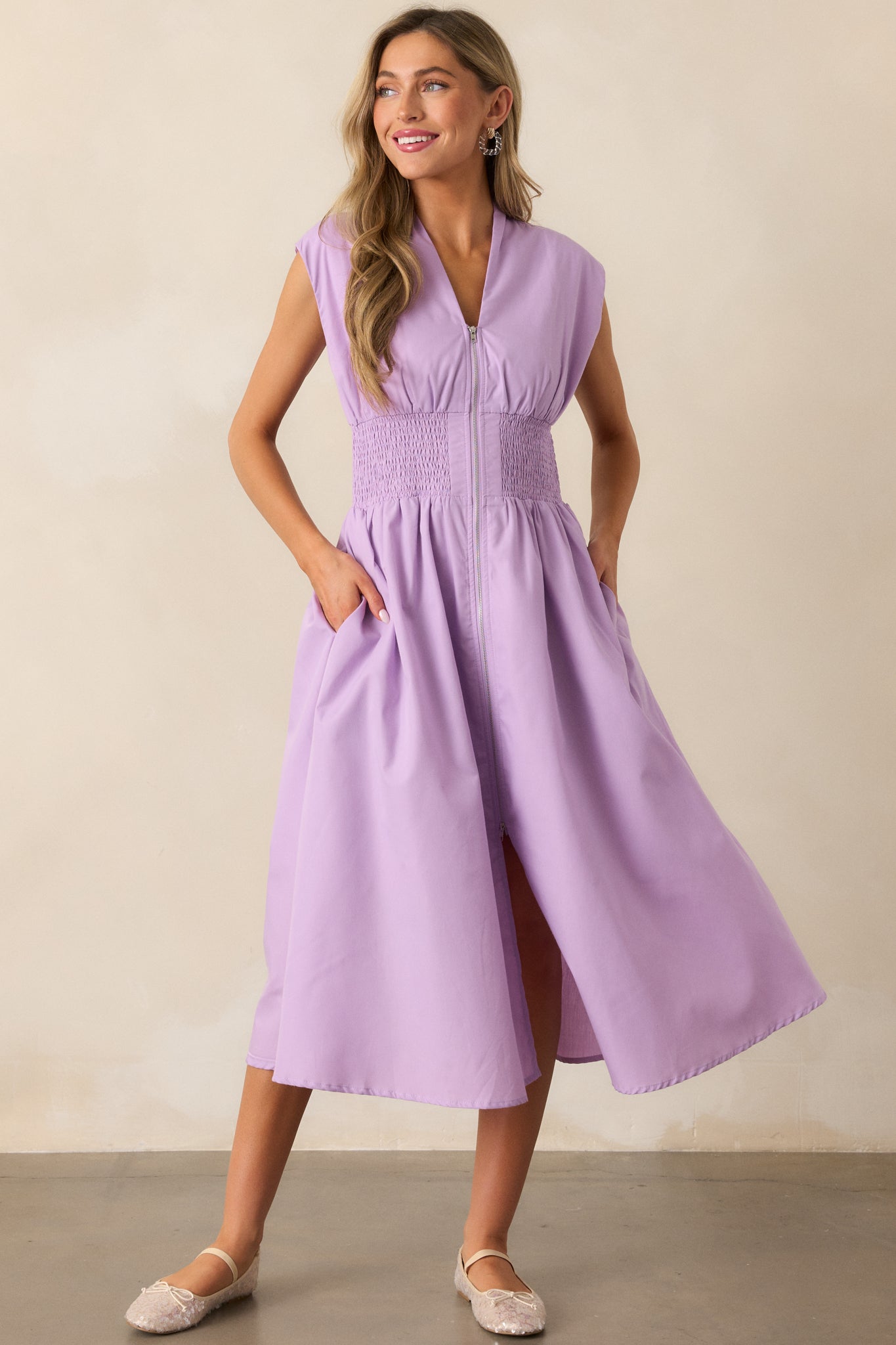 The Evette Lavender Zip Front Midi Dress The Evette Lavender Zip Front Midi Dress