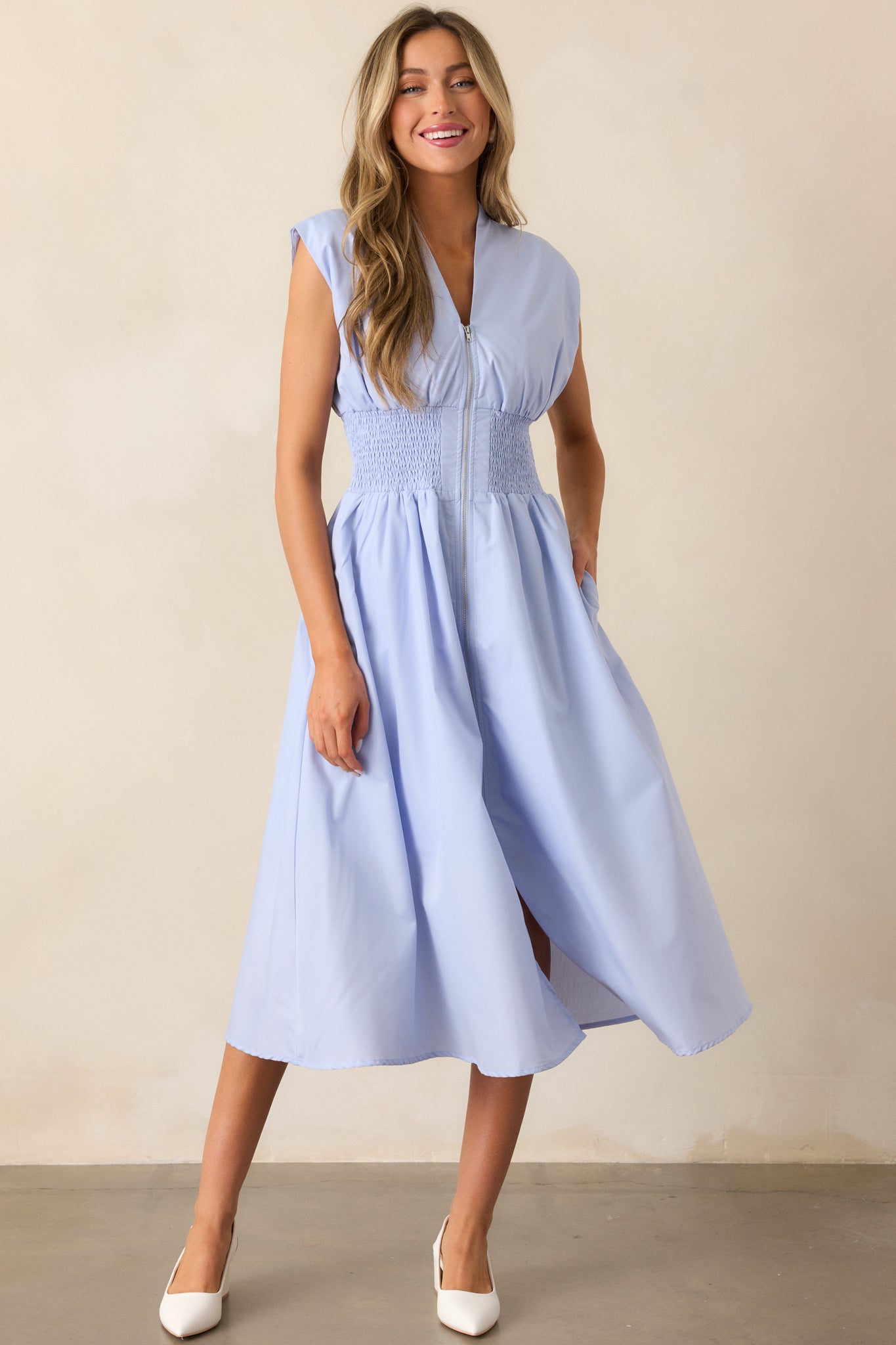 The Evette Baby Blue Zip Front Midi Dress The Evette Baby Blue Zip Front Midi Dress