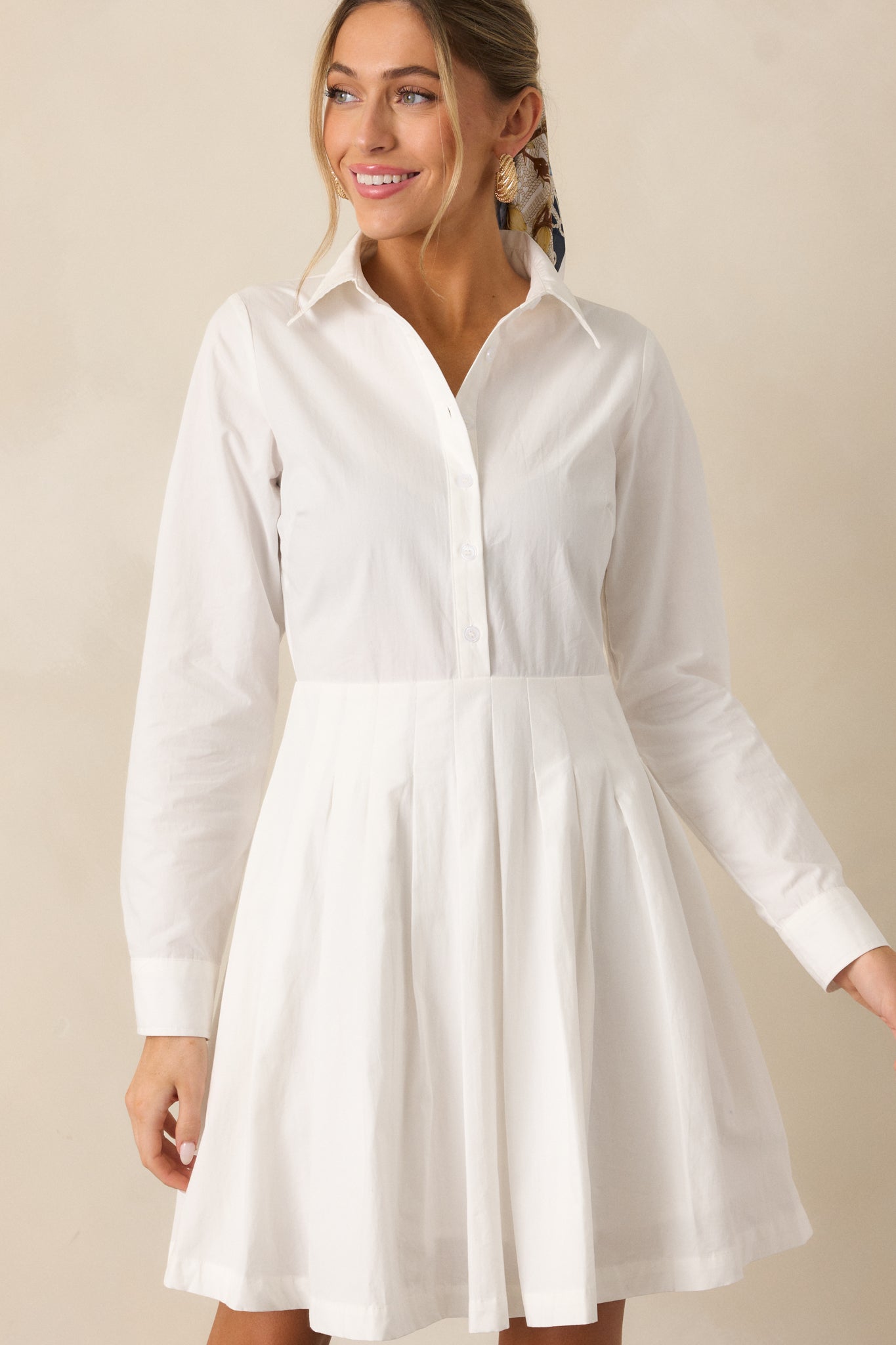 100% Cotton White Long Sleeve Mini Shirt Dress All Dress Red Dress