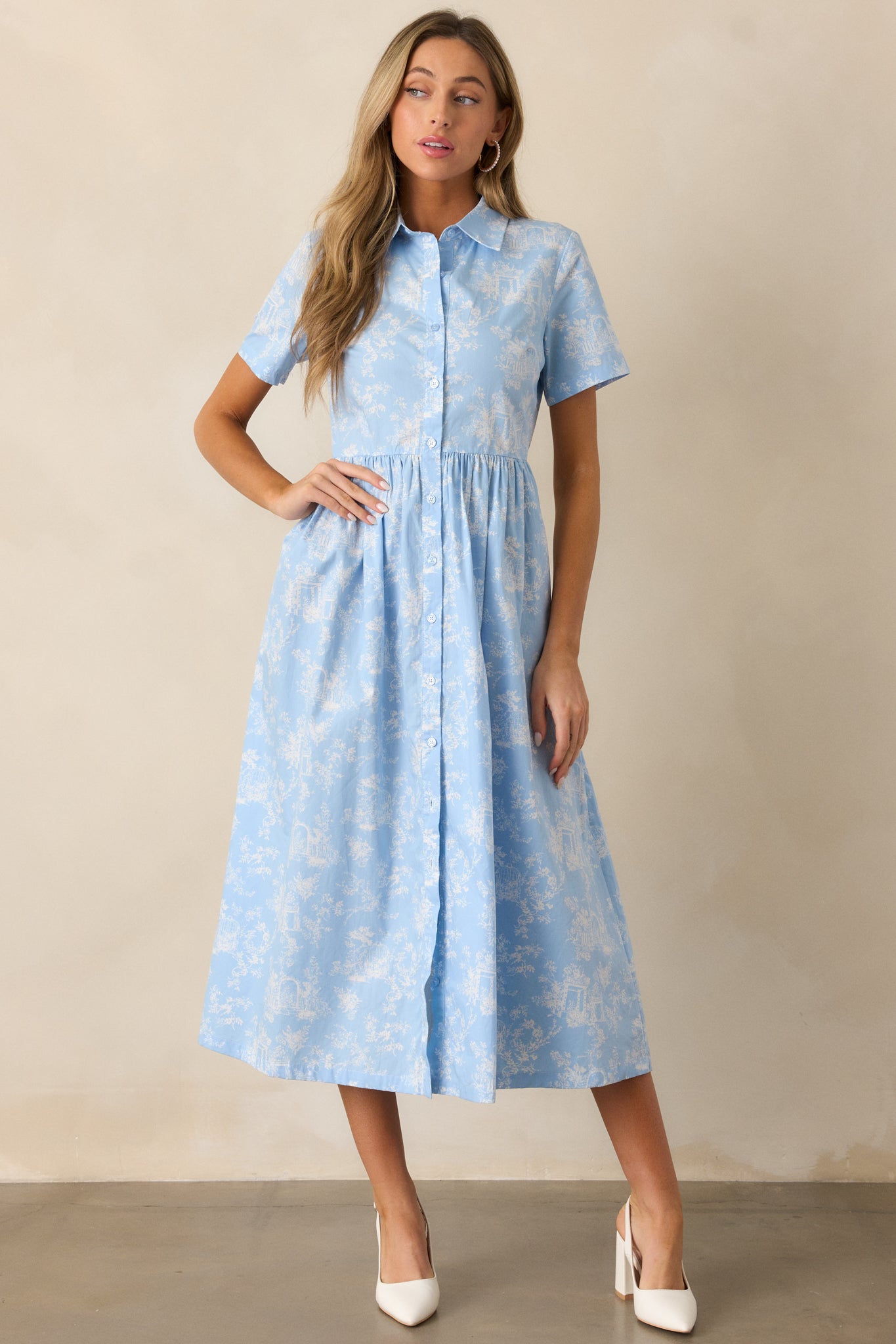 100% Cotton Light Blue Toile Midi Dress - All Dresses | Red Dress 100% Cotton Light Blue Toile Midi Dress - All Dresses | Red Dress