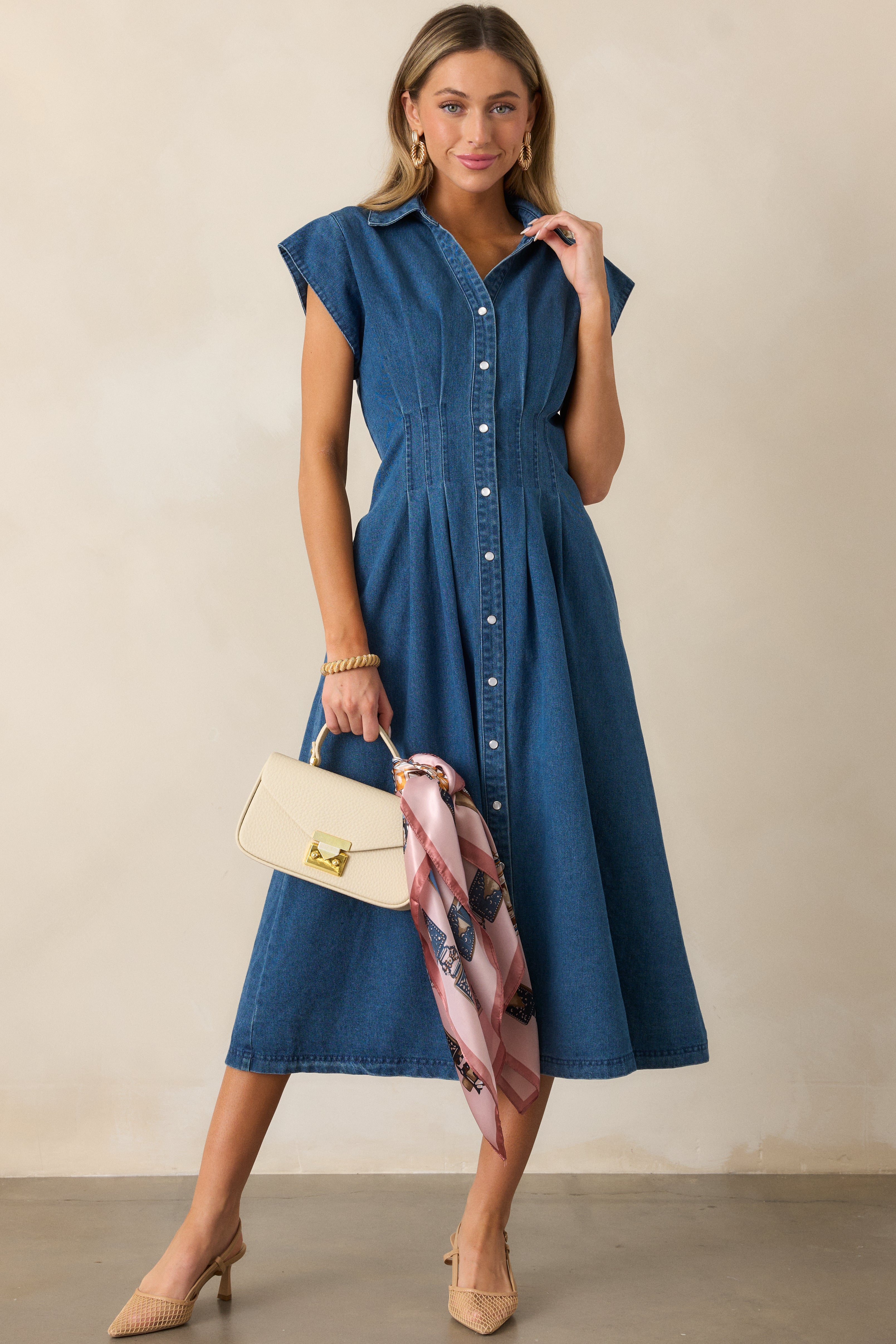 Classic Tea Party Dark Wash Denim Button Front Pleated Midi Dress Classic Tea Party Dark Wash Denim Button Front Pleated Midi Dress