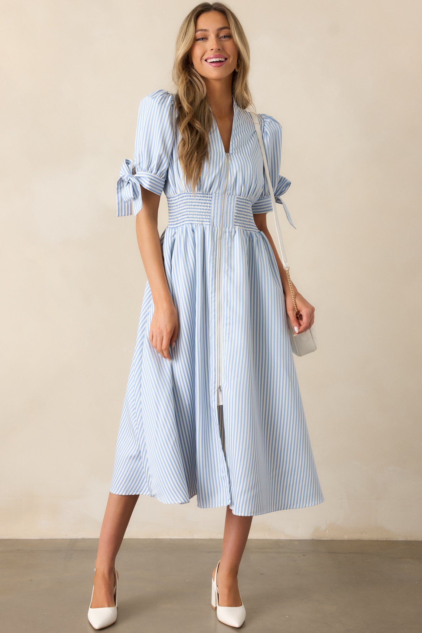Blue Stripe Zip Front Midi Dress - All Dresses | Red Dress Blue Stripe Zip Front Midi Dress - All Dresses | Red Dress