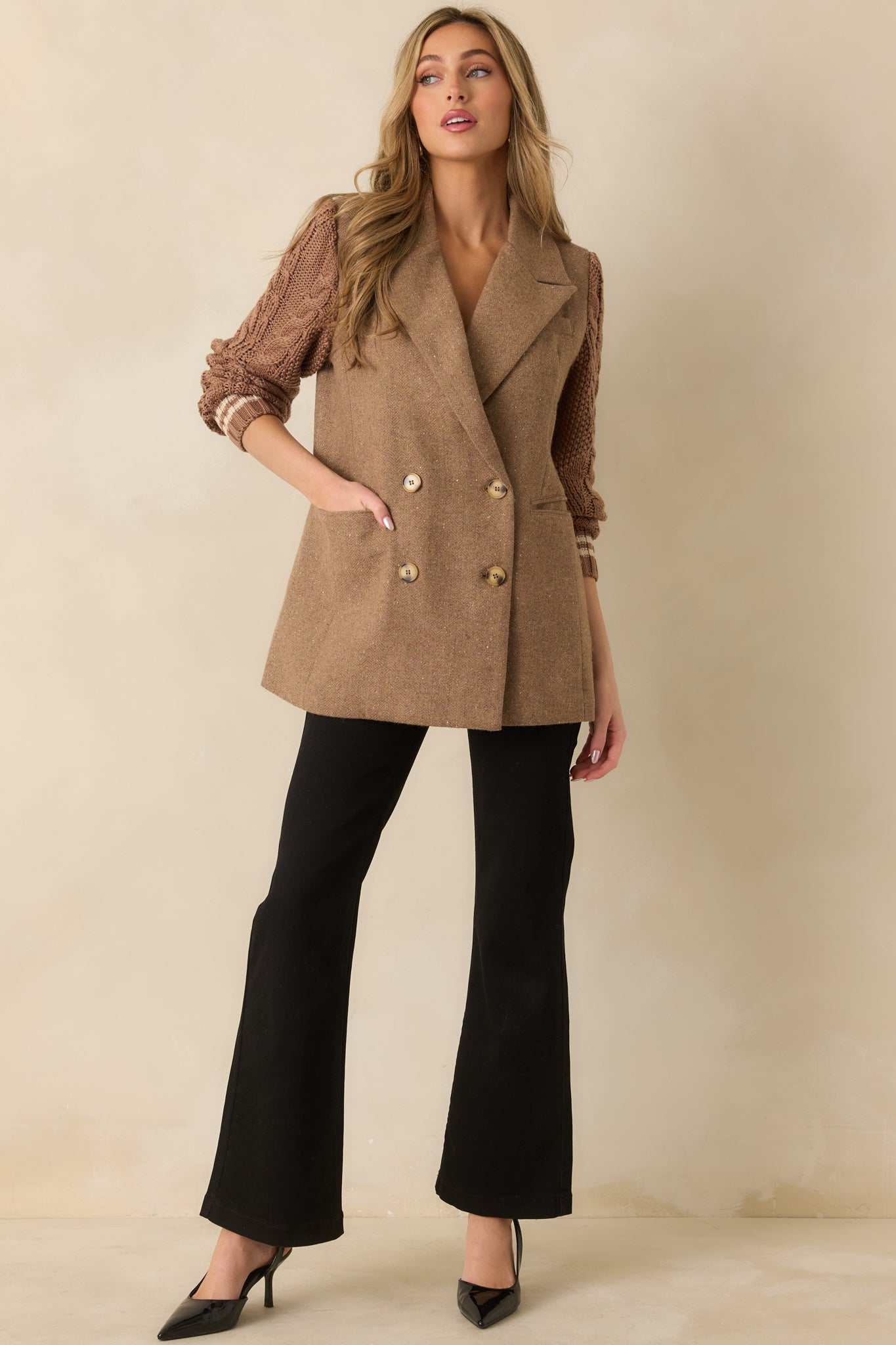 Double-breasted camel blazer with clean button closures and a smooth, fully lined finish