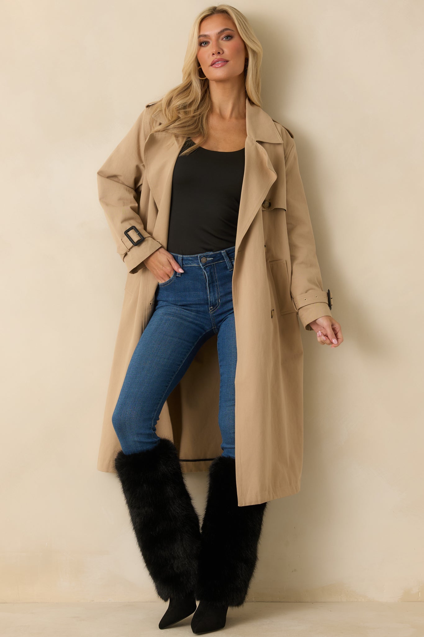 Women's On the Avenue Tan Cotton Belted Trench Coat | Size: L | Red Dress