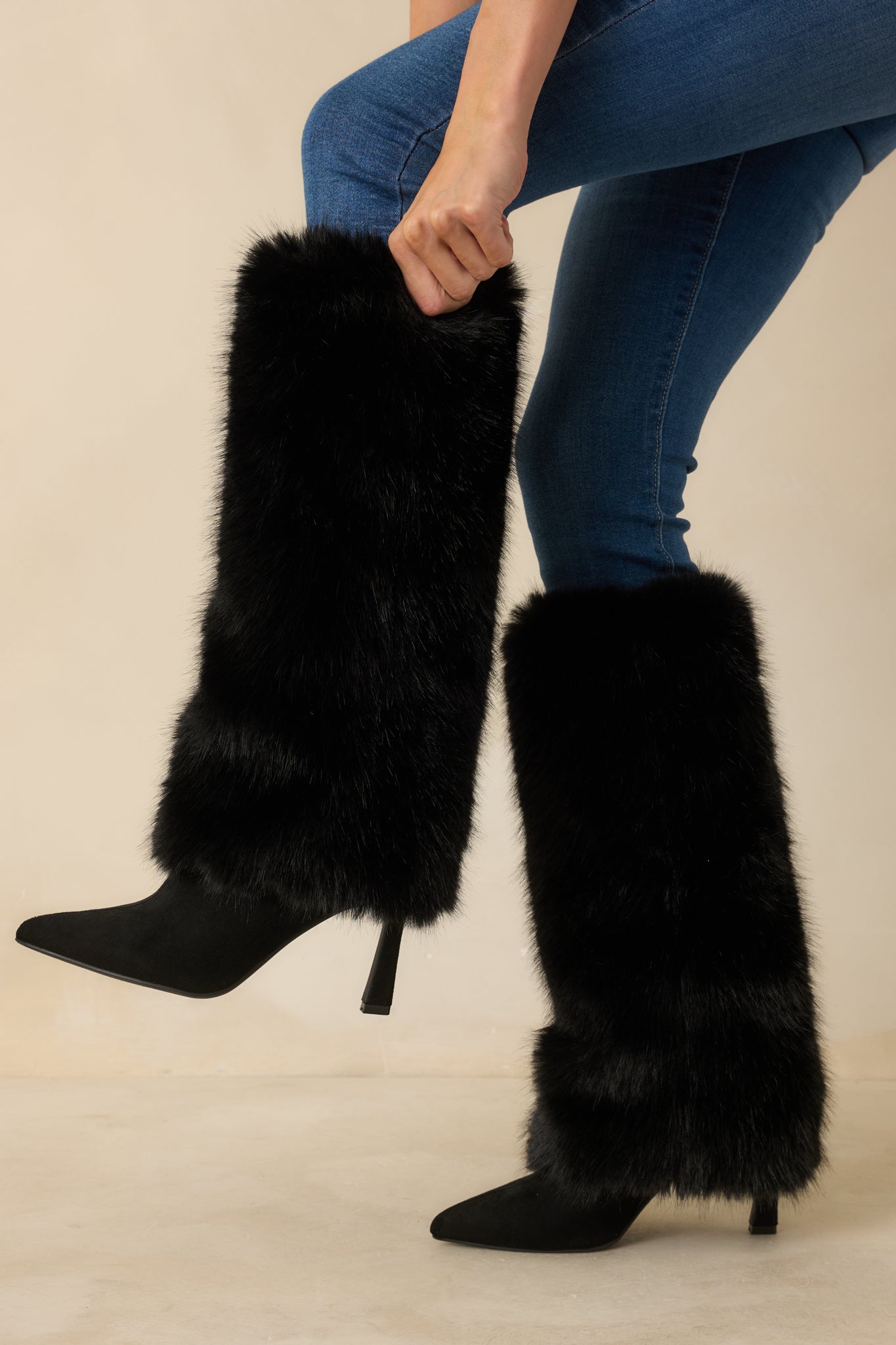 Fine Point Black Faux Fur and Suede Pointed Toe Stiletto Boots