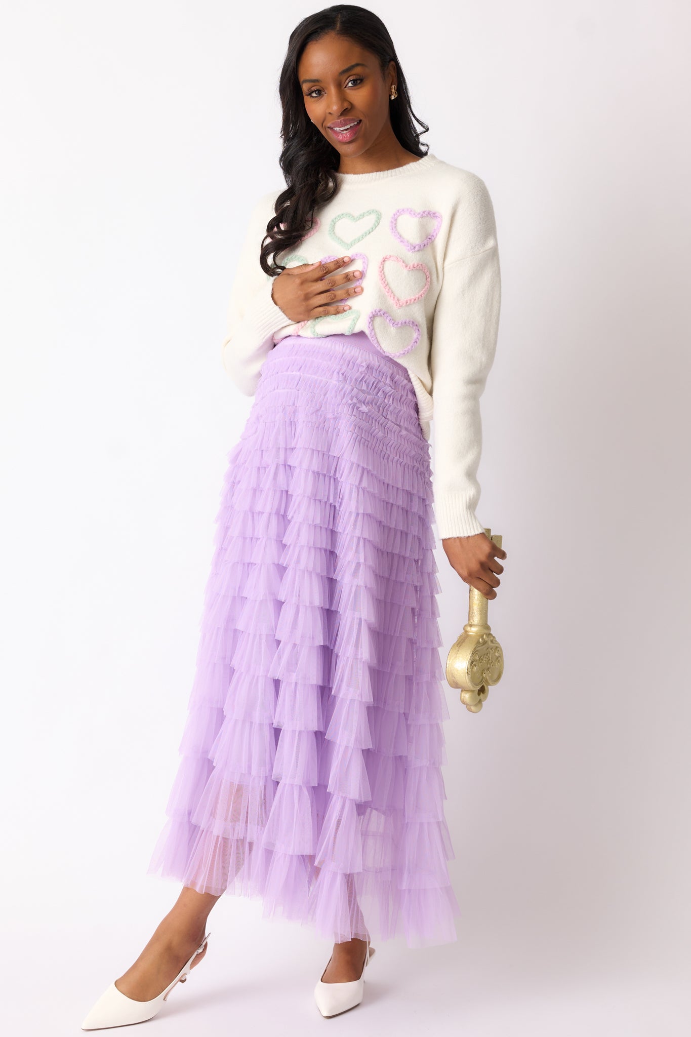 Full body view showcasing the lavender skirt’s maxi length and tiered layers of tulle for a soft, voluminous look.