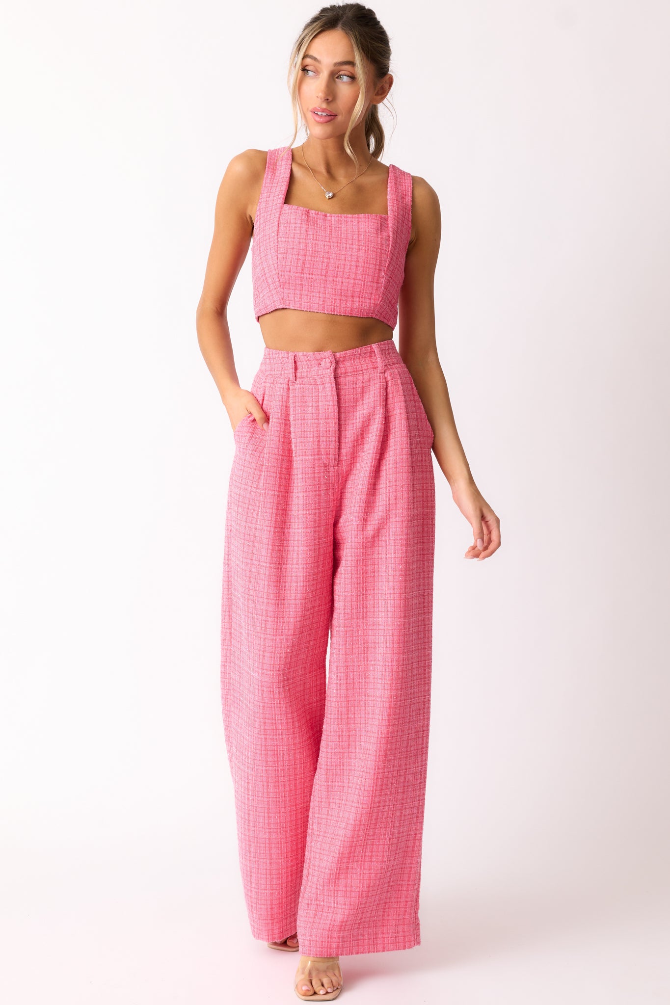 Chase The Day Pink Tweed Wide Leg Pants Chase The Day Pink Tweed Wide Leg Pants