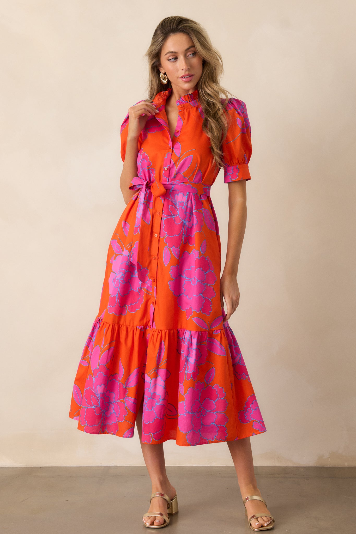 100% Cotton Orange Floral Button Front Midi Dress - All Dresses | Red Dress 100% Cotton Orange Floral Button Front Midi Dress - All Dresses | Red Dress