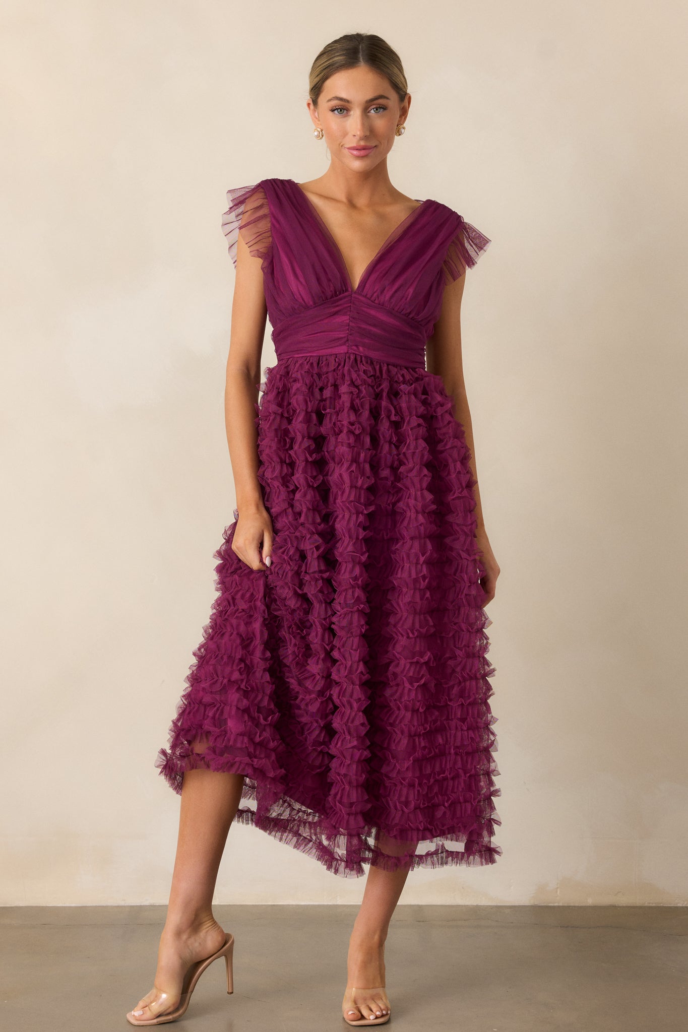 Fearless Hearts Plum Ruffle Midi Dress Fearless Hearts Plum Ruffle Midi Dress