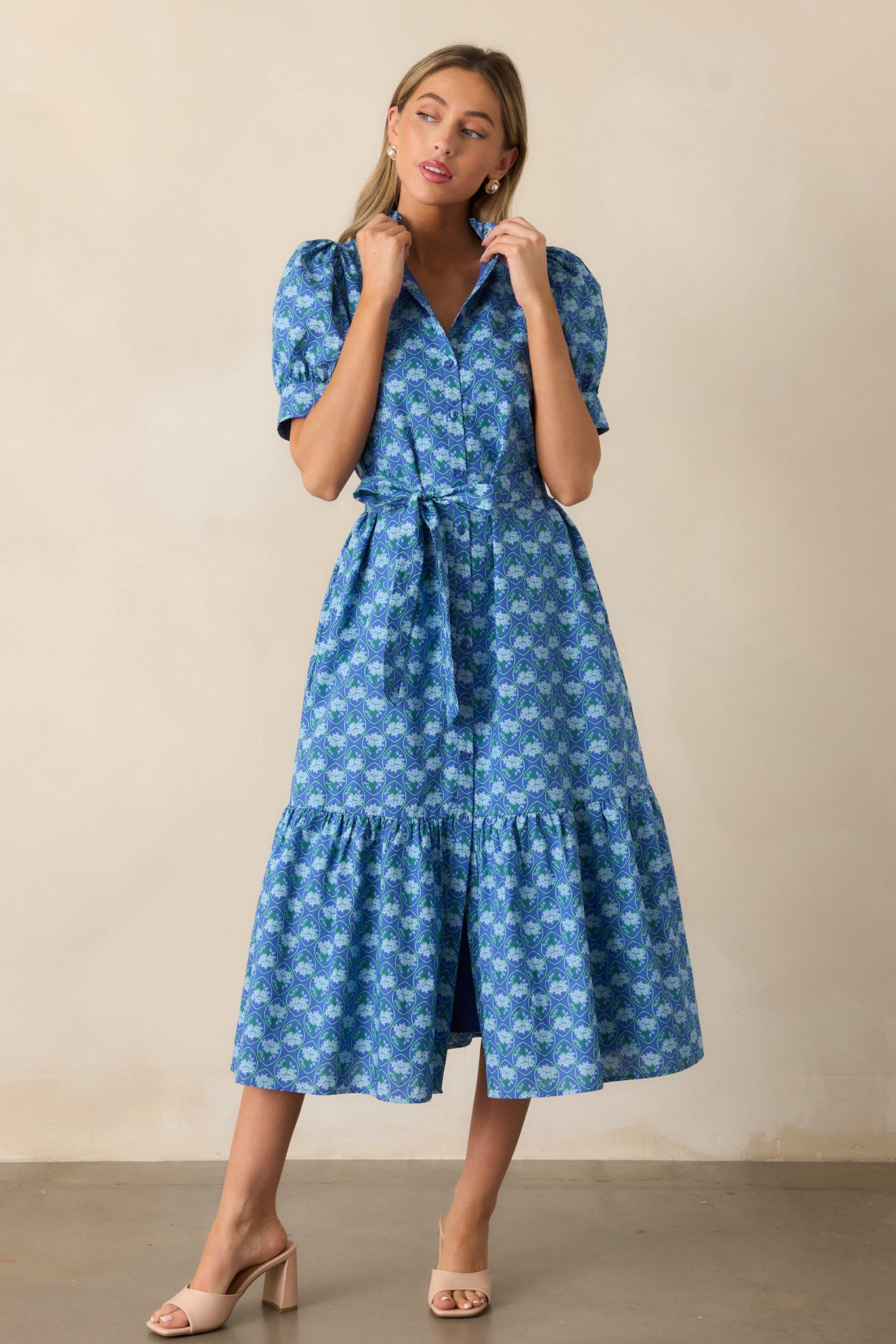 Orchid Waters Cotton Blue Floral Button Front Midi Dress Orchid Waters Cotton Blue Floral Button Front Midi Dress