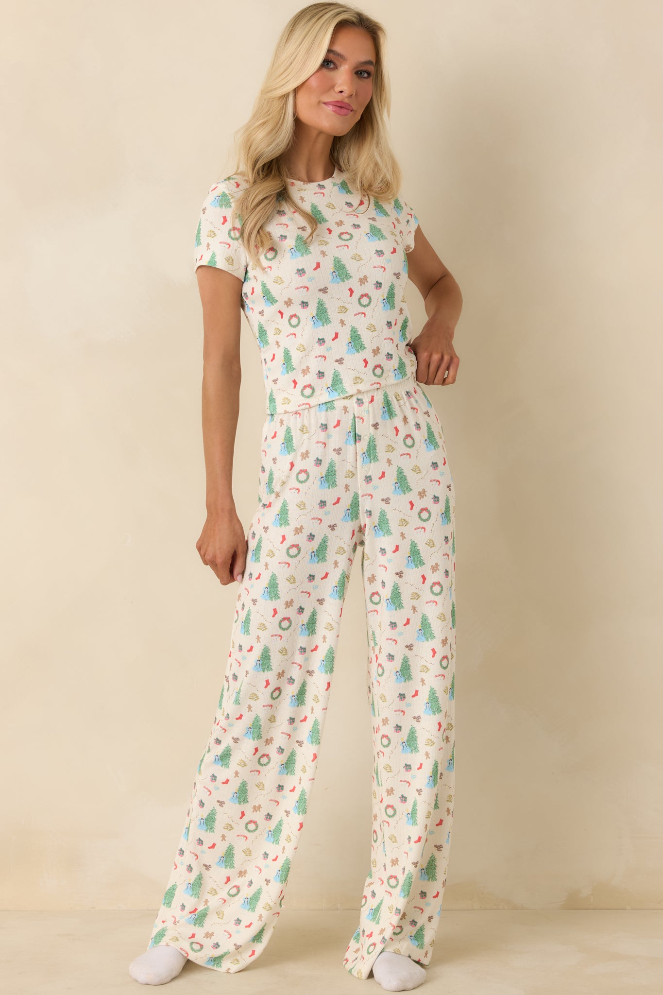 Holiday Morning Ivory Multi Christmas Print Pajama Pants