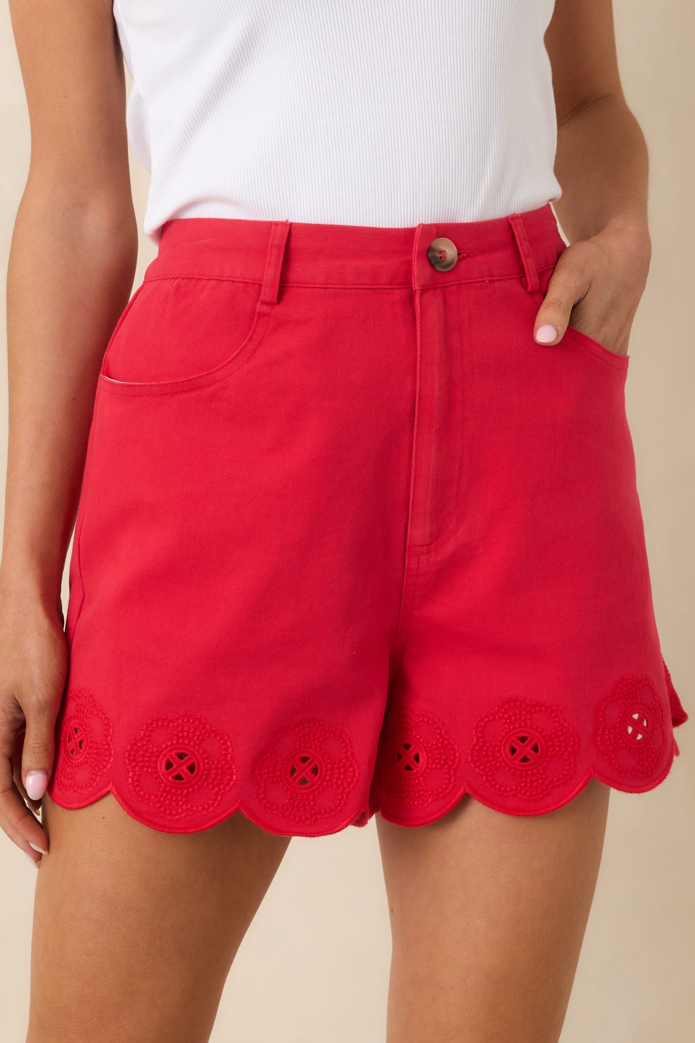 Detailed look at scalloped eyelet hem with breathable cotton fabric texture.