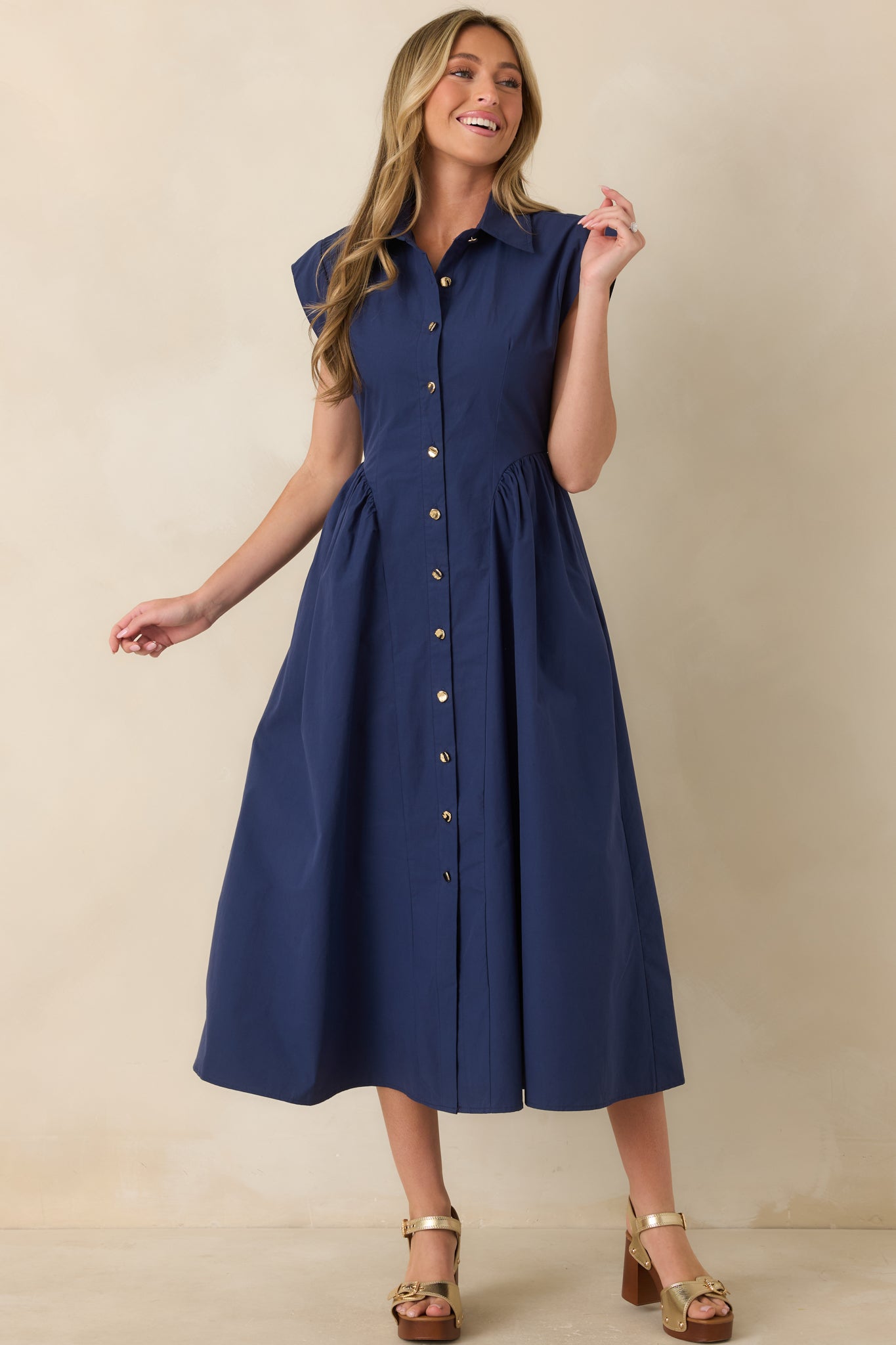 navy cotton midi dress Women's The Good Life Button Front | Size: L Select your size:EU 43 - US 9.5 / 10 OCCASION Westbound Scoop Neck Sleeveless Front length