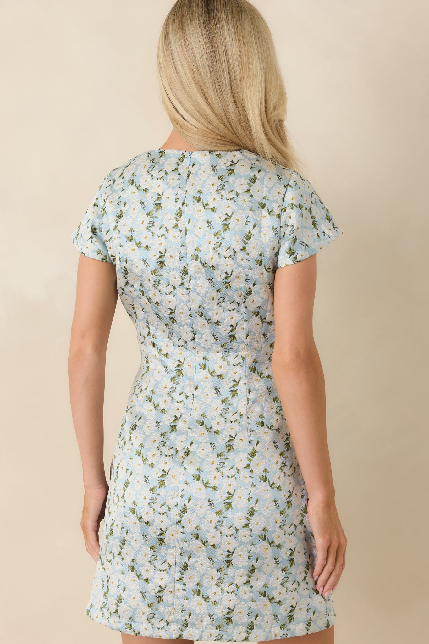 Rear view of light blue and white floral jacquard mini dress with concealed zipper and structured shape.