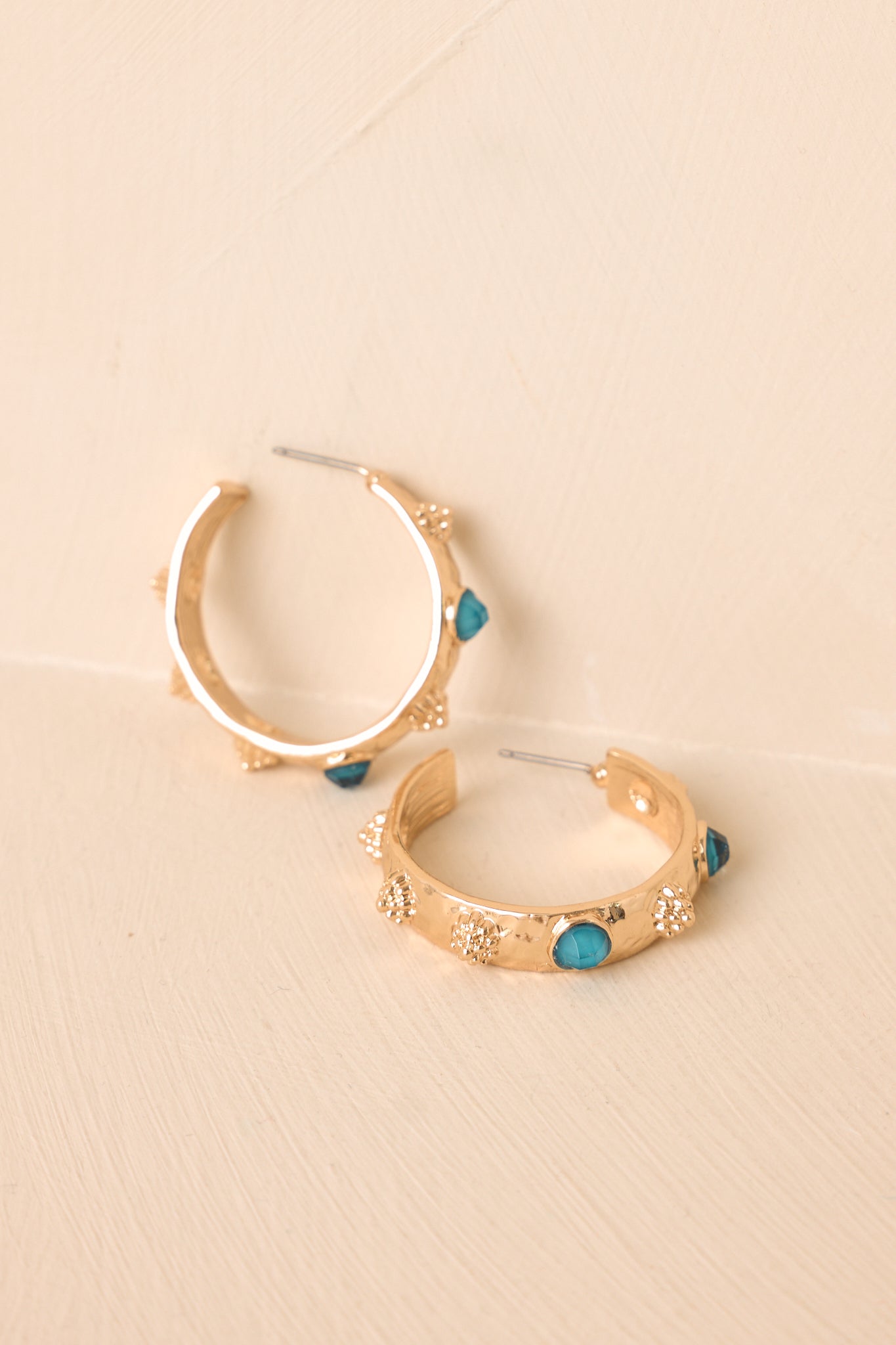 Red Dress | Gold & Teal Textured Hoop Earrings