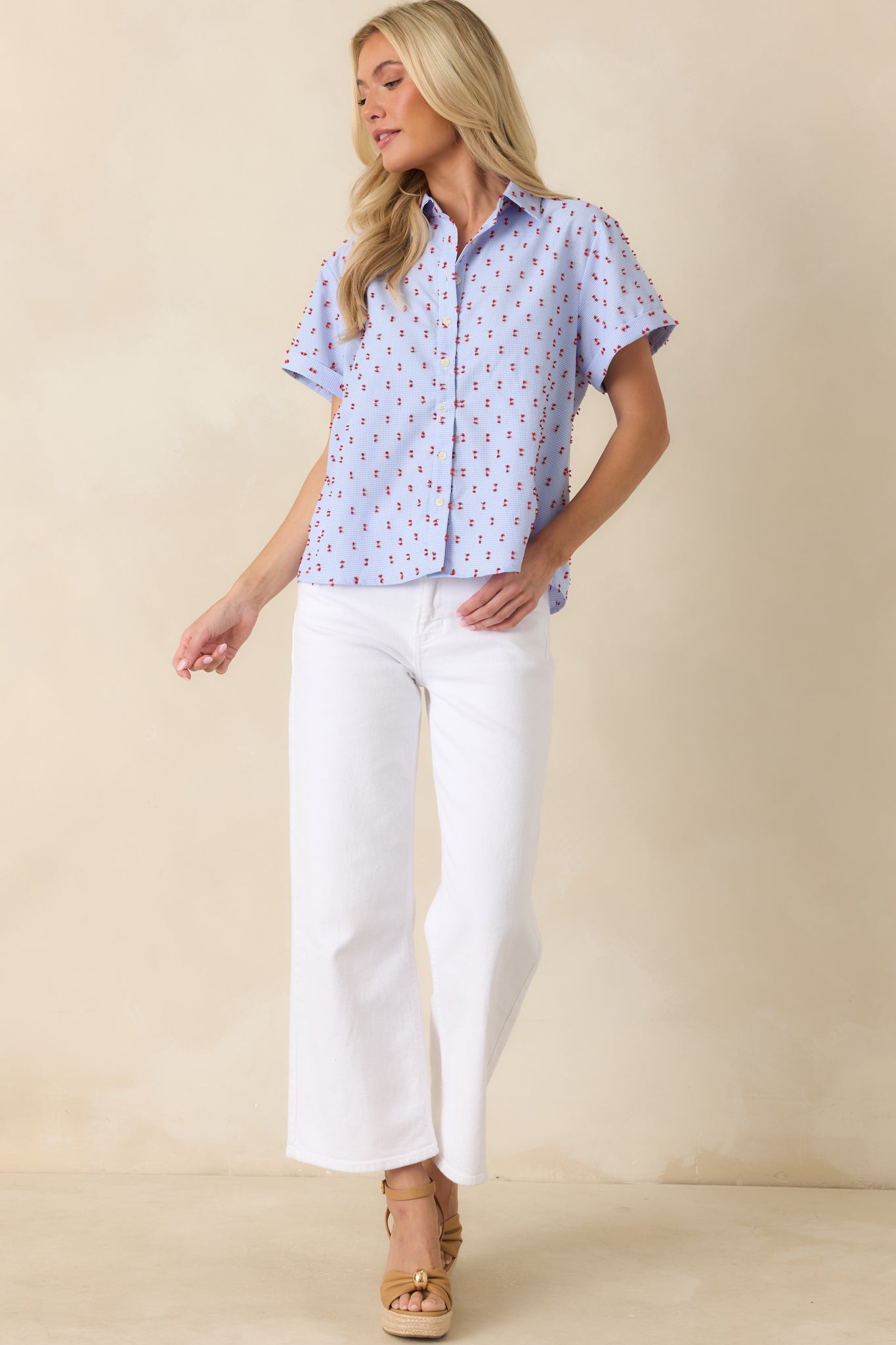 Blue gingham top featuring red tufted embroidery, a collared neckline, and a relaxed short-sleeve silhouette.