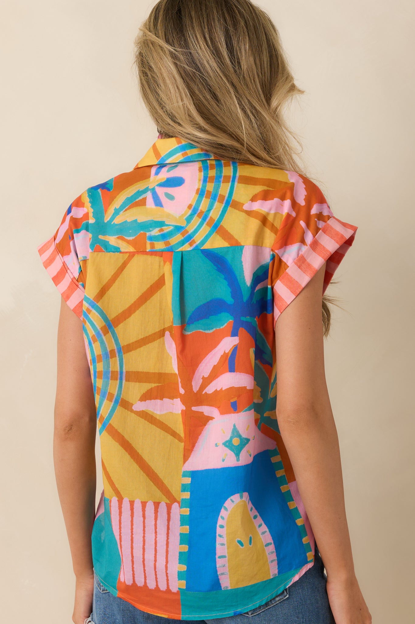 Rear view of the multi tropical mosaic shirt featuring a relaxed fit and smooth cotton construction across the back.