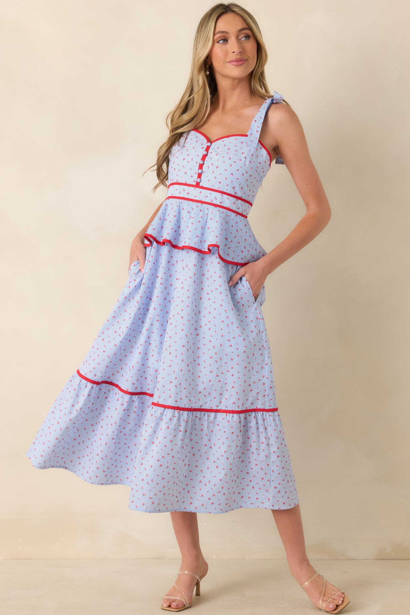 Women's Sweet Tea in July Light Blue & Red Cotton Floral Stripe Peplum Midi Dress | Size: L | Red Dress Women's Sweet Tea in July Light Blue & Red Cotton Floral Stripe Peplum Midi Dress | Size: L | Red Dress