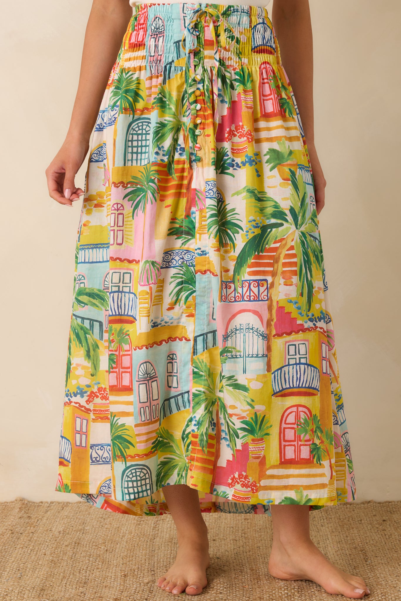 Paradisa Lucia Multi Coastal Village Print Maxi Skirt | Red Dress