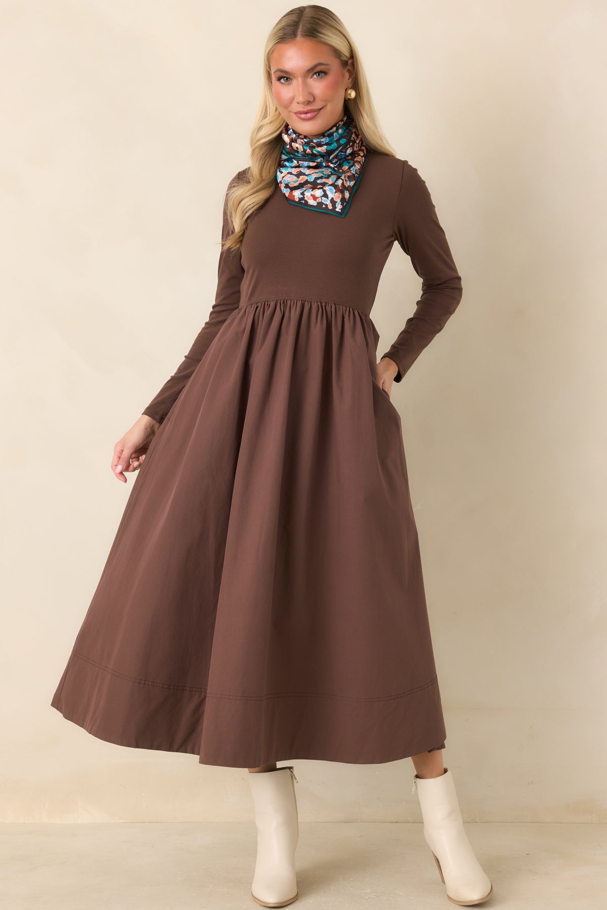 Prosperina Reese Chocolate Brown Cotton Long Sleeve Midi Dress