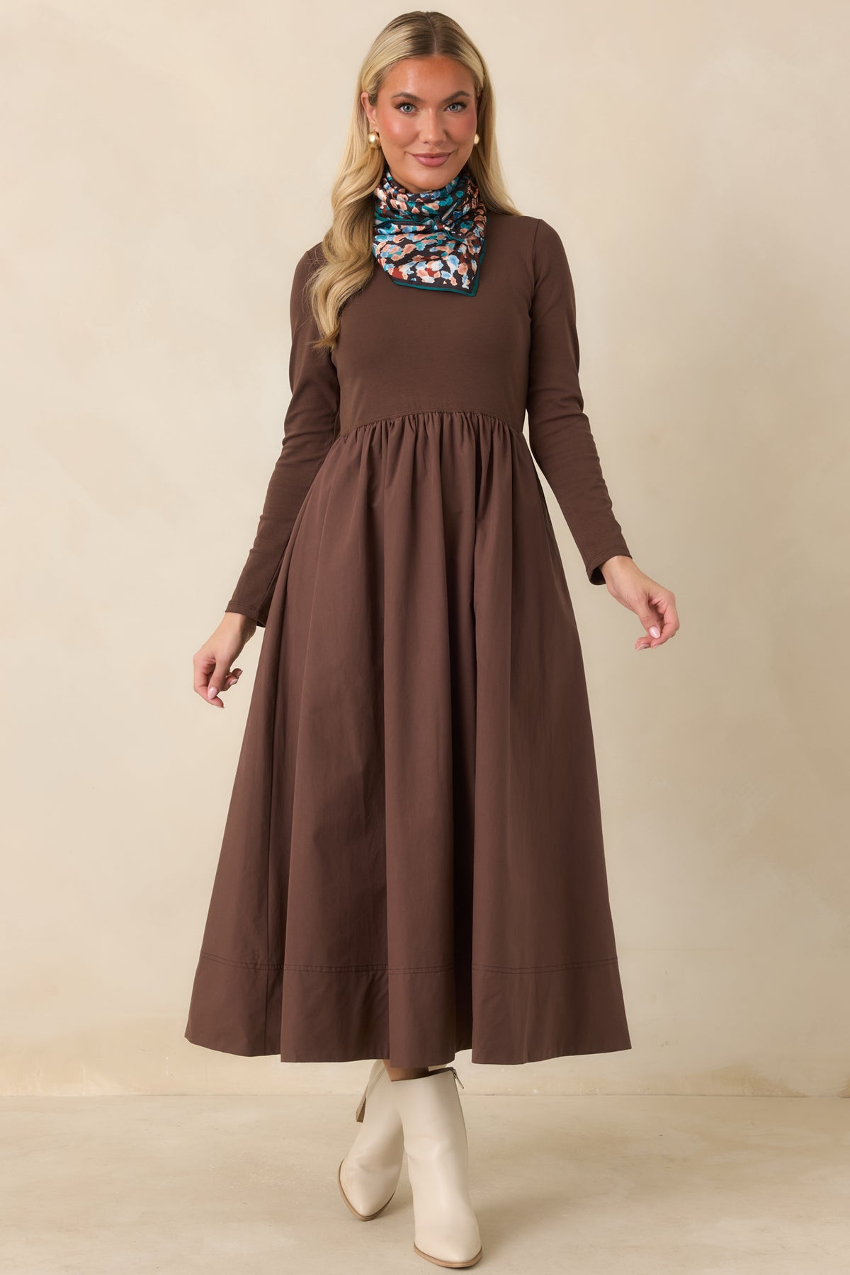Prosperina Reese Chocolate Brown Cotton Long Sleeve Midi Dress