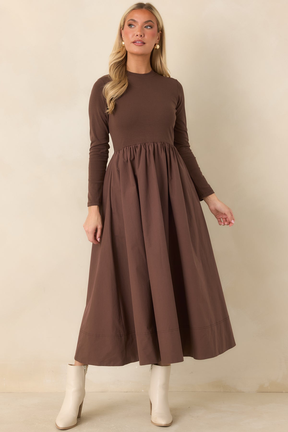 Prosperina Reese Chocolate Brown Cotton Long Sleeve Midi Dress